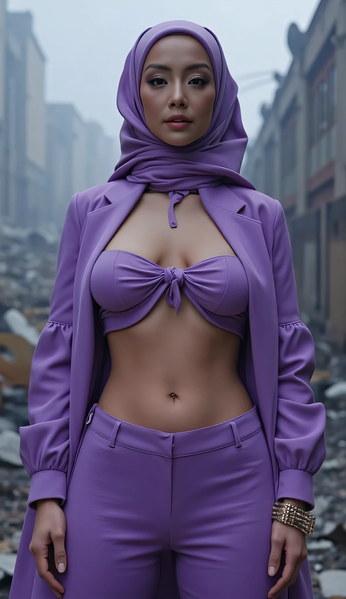 dystopian style (Marvel Comic Emma Frost:1.3) in a super sexy Chic lilac Outfit, (Cleavage:1.4), (saggy heavy big breast:1.5), bleak, (post-apocalyptic), somber, dramatic, highly detailed