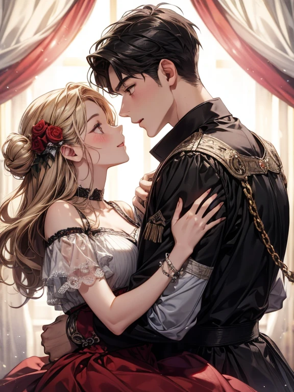 (man kissing woman), (kissingcheek), parted lips, from side, medium breasts, the woman is aerith gainsborough (long brown hair, strapless red and white dress, red heels) BREAK
the man is cloud strife (short blonde spiky hair, wearing a black tuxedo, long sleeve), (eyes closed), close up shot, romantic vibe, sunset background, soft lighting