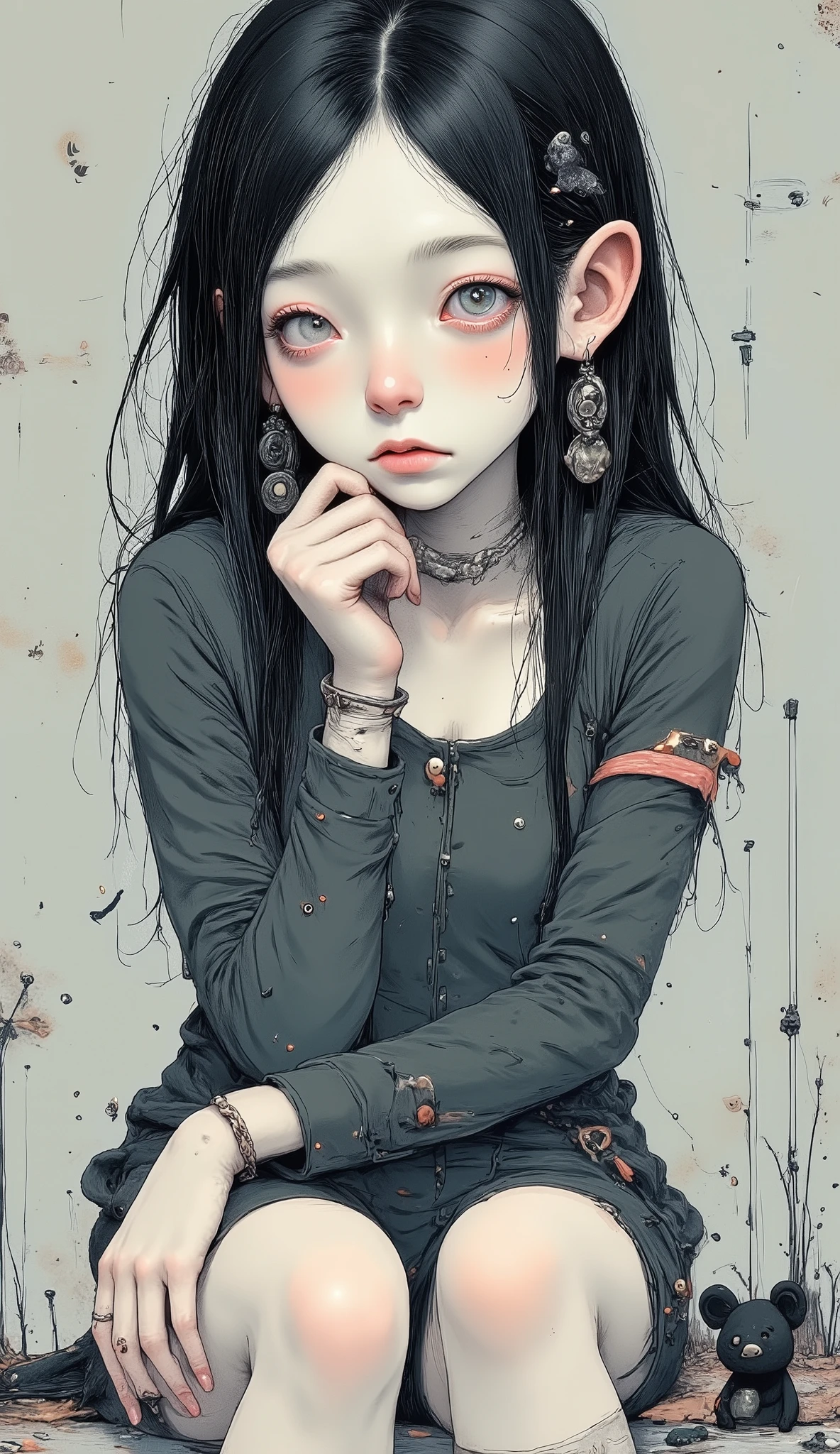 Anatomically Correct ,Manga style:1.5, Close-up of a young woman with tattoos on her arms and left cheek, brow length bangs , light eyes, her head tilted slightly downwards , looking at the camera , boucles sur les côtés de sa tête , wears long hair with braids Care , cabello negro, boucles d'oreilles dans chaque oreille , elle appuie son menton avec les deux mains , she wears rings , tie suit on the top and shoulders , jupe courte moulante , long half-transparent black hair , bracelets on her hands, has a black teddy bear on her knees , gray background with different brushstrokes , gothic style:1.3, sombre, Your expression is one of sadness , digital art by Hikari Shimoda , dans CGSociety , surréalisme pop , low quality pop surrealism , surréalisme pop low quality art style, Beeple y Jeremiah Ketner, Japanese pop surrealism , Cute kawaii, low quality art, bel art détaillé , illustration in the style of Guweiz , surrealist pop art style
