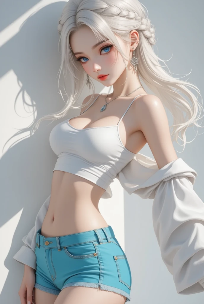 a woman wearing casual clothing, white long sleeve T-shirt, leggings , sports shoes, , adult face, shoulder length slightly wavy hair, ((mix of champagne and taupe grey coloured hair)) and gleaming detailed vibrant golden coloured eyes, slim frame, long legs, beautiful face, small butt size, small feet size, small hand size, perfect hands, scary face, beautiful face, pretty face, hot woman, British woman, cream skin, small soft pink lips , small breast size, sharp features, slim hourglass figure, ashen hair, soft features,