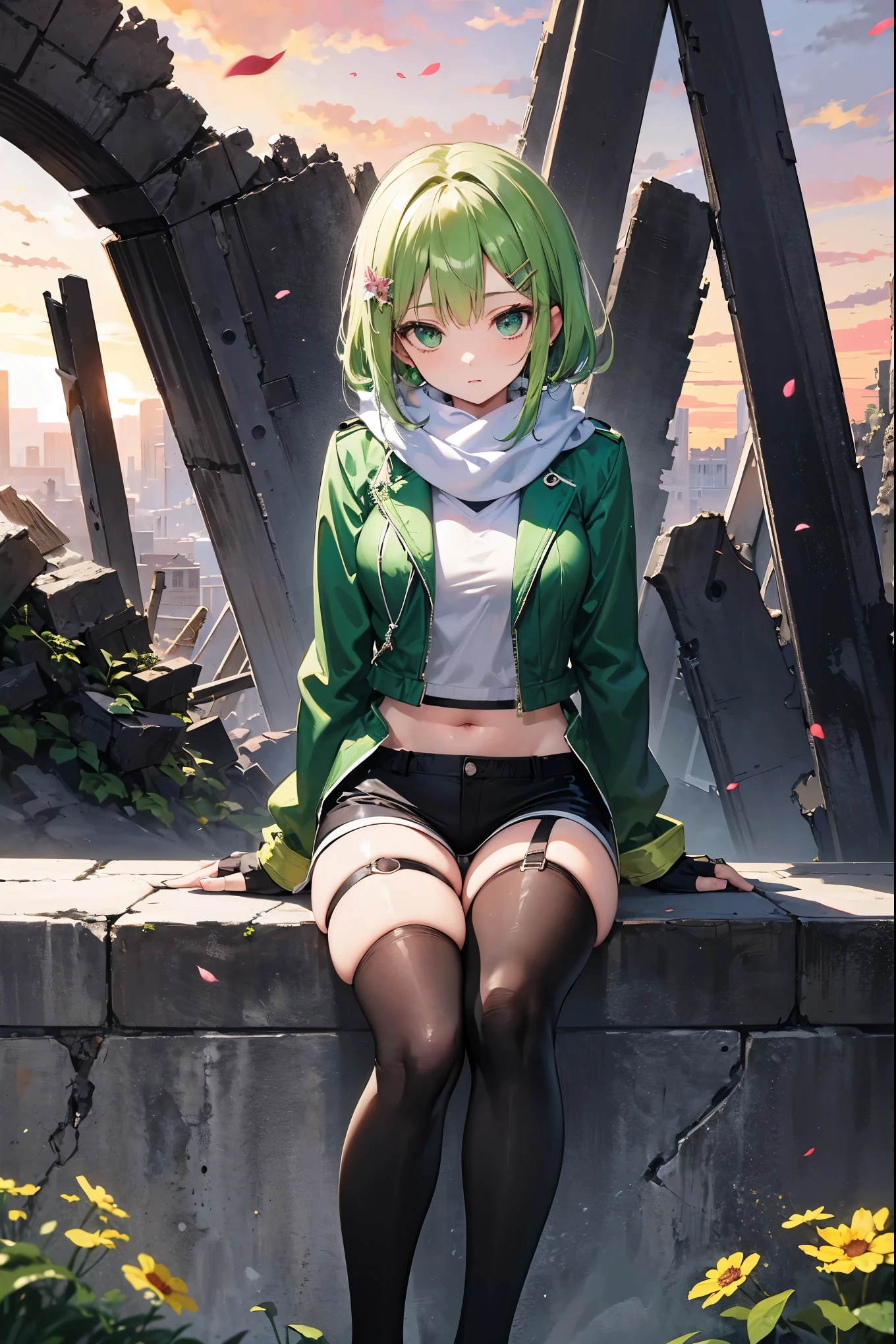 (masterpiece), best quality, expressive eyes, perfect face, highres, sinon1, scarf, fingerless gloves, long sleeves, short shorts,groin, hair ornament, hairclip, green thighhighs, green jacket,covered_nipples, thigh strap, field, sunset_ruins_landscape_background, ruined structures, dynamic_posing, looking at the viewer,,covered_navel,