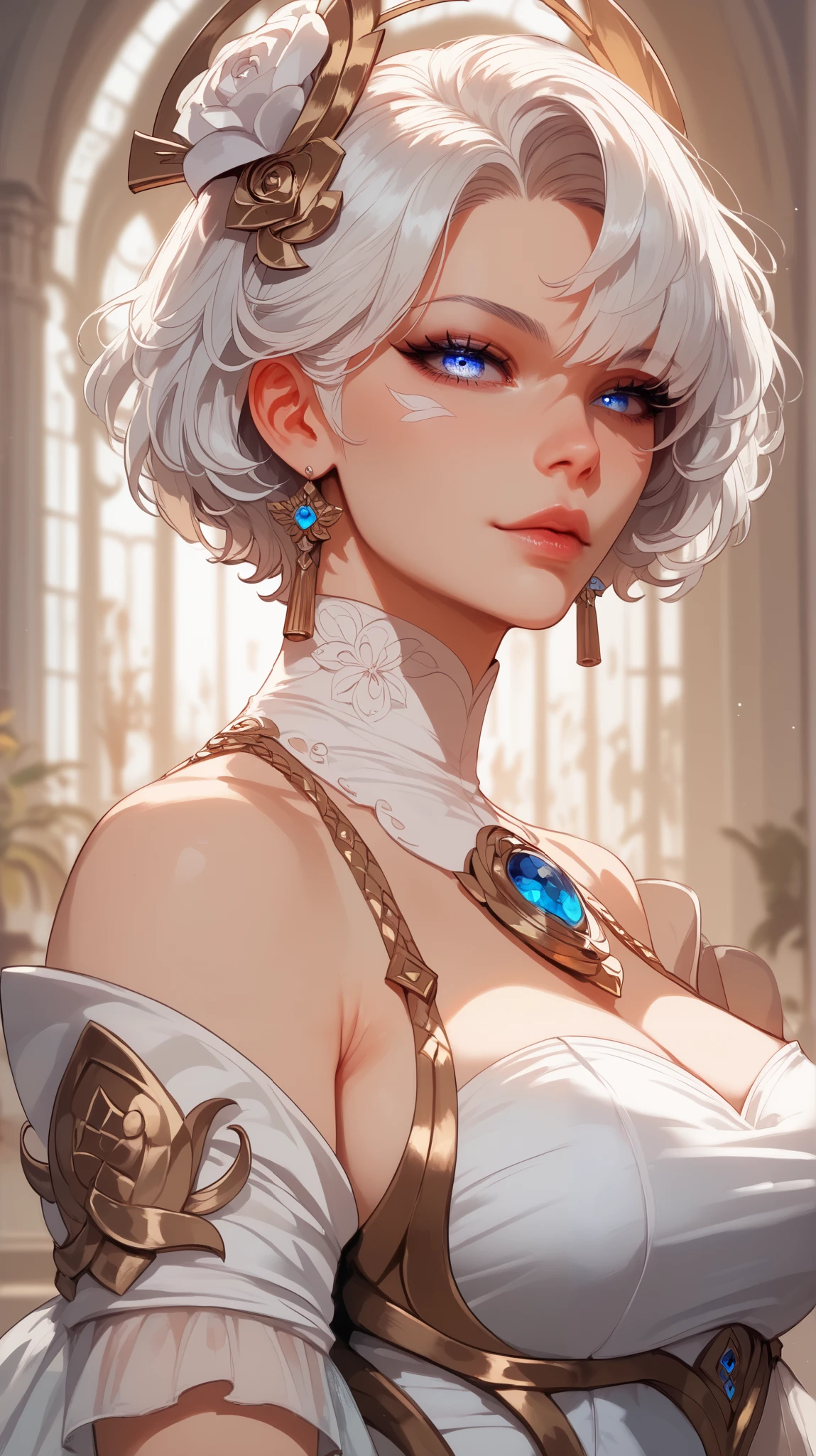 best quality, 32k, RAW photo, incredibly absurdres, extremely detailed, delicate texture, beautiful cute woman, glossy silver long bob cut, hair over one eye, amorous and lewd expression, rhythmic gymnastics uniform with gold embroidery on a white background, superlative body proportion, background iridescent full moon