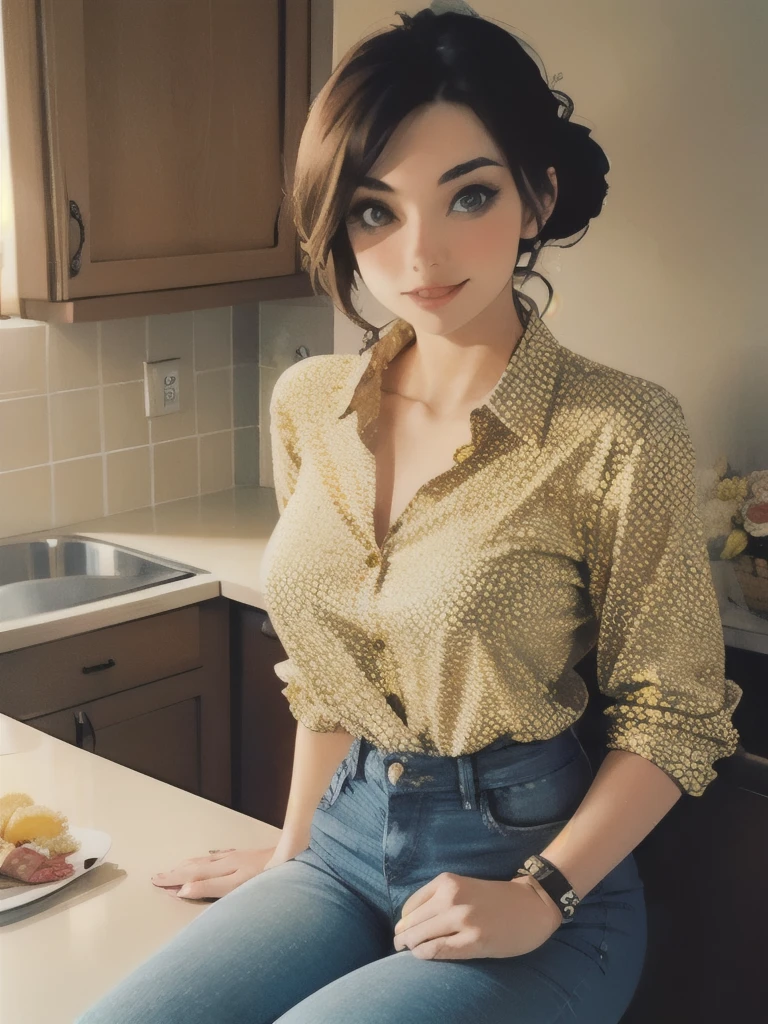(Realistic:1.3), finely detailed, quality, Rembrandt lighting, (Masterpiece:1.2), (Photorealistic:1.2), (Best quality), (Detailed skin:1.3), (Intricate details), Dramatic, Ray tracing, 1girll, french girl, 45 yers old, Detailed skin texture, (Blush:0.5), (goosebumps:0.5), Subsurface scattering, Smiling, Huge breasts, medium curly hair, sweeping bangs, French woman style, (blue striped shirt:1.1), White lace underwear, White stockings,white Heels,(um dia ensolarado, Outdoors, French café, standing on your feet, Espresso cups, (French pastry, croissant:1.2)),