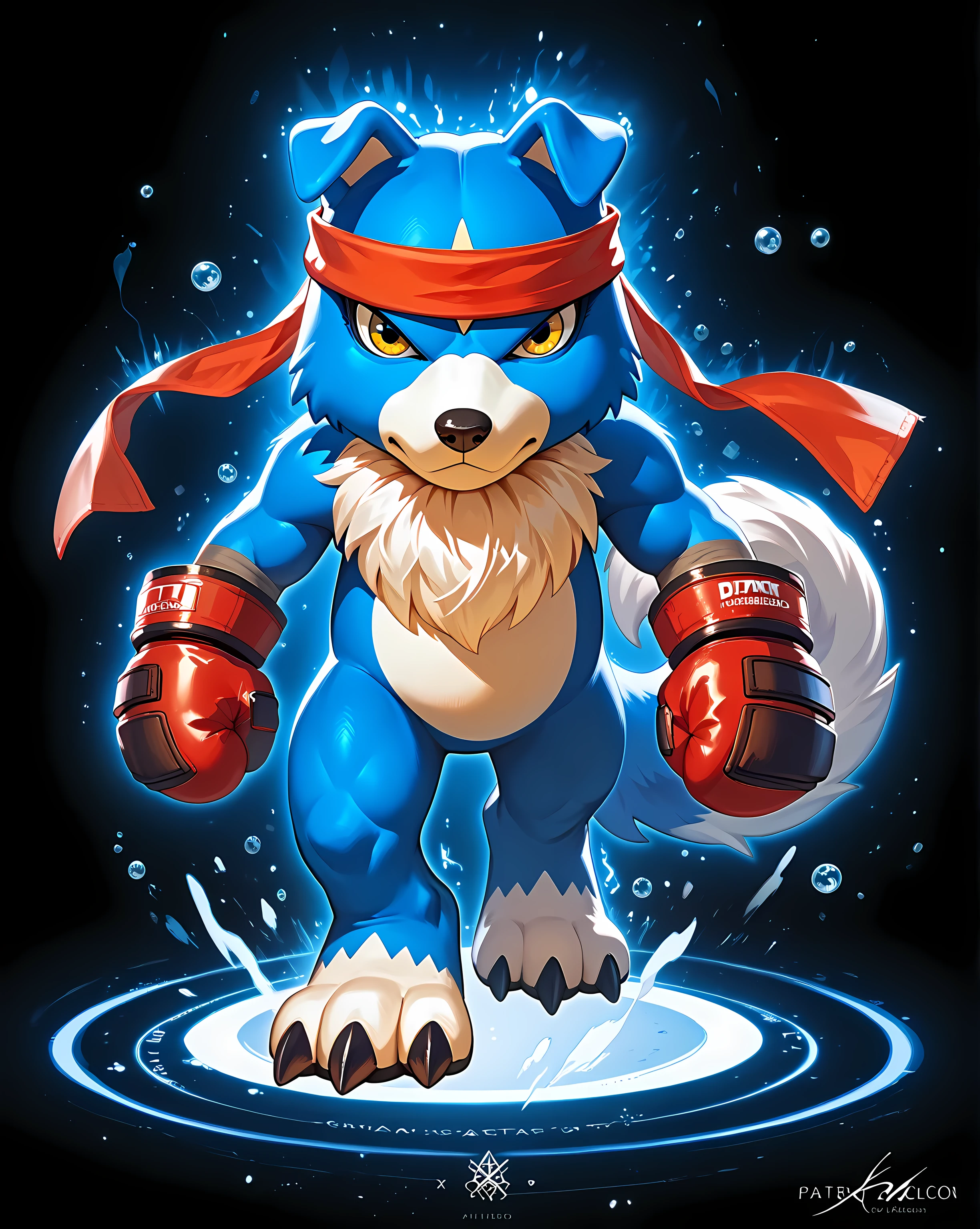 gaomon (character), digimon (creature), dog boy, blue body, headband, yellow eyes, boxing gloves, UltraInstInctAura, aura, light particles, black background, white background, abstract background, detailed, (cel shaded, flat colors):1.5, full body, muscular, walking towards viewer