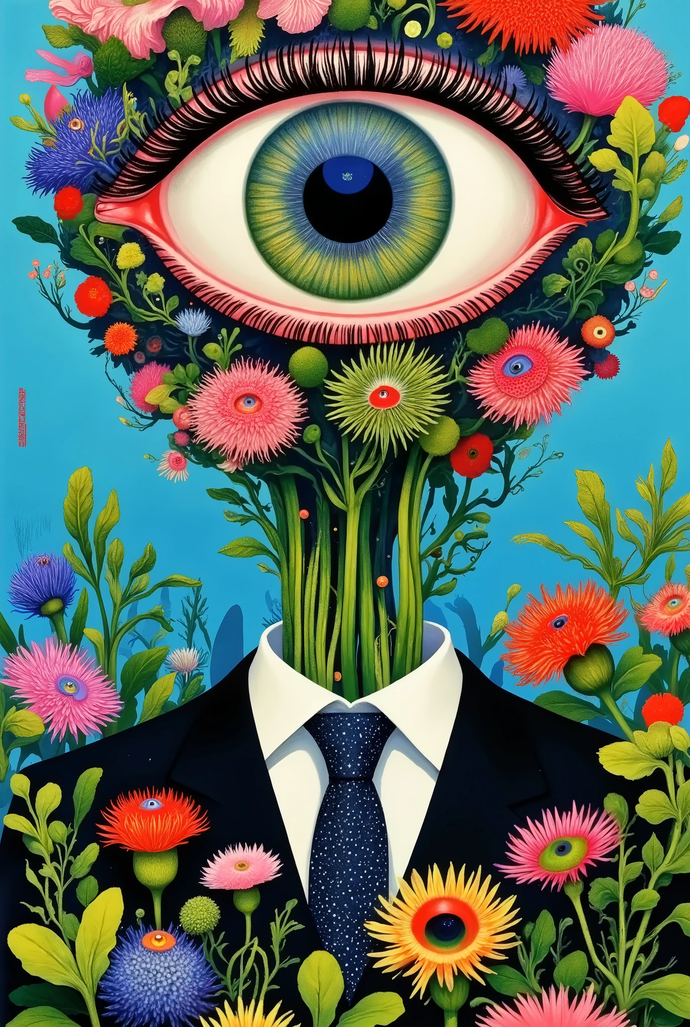  in a suit 、Wear a tie、 highly detailed surrealist art {x} painting of a man with flowers in his eyes, psychedelic  Surrealism art, neo  Surrealismism, pop -  Surrealismism, Jeff Soto's Style , pop  Surrealismism, hyper Surrealism,  Surrealism illustration,  Surrealism +  high resolution ,  high resolution   Surrealismist art,  Surrealismism portrait, lowbrow pop  Surrealismism, pop  Surrealismism art style,  Surrealism painting, neo Surrealismism