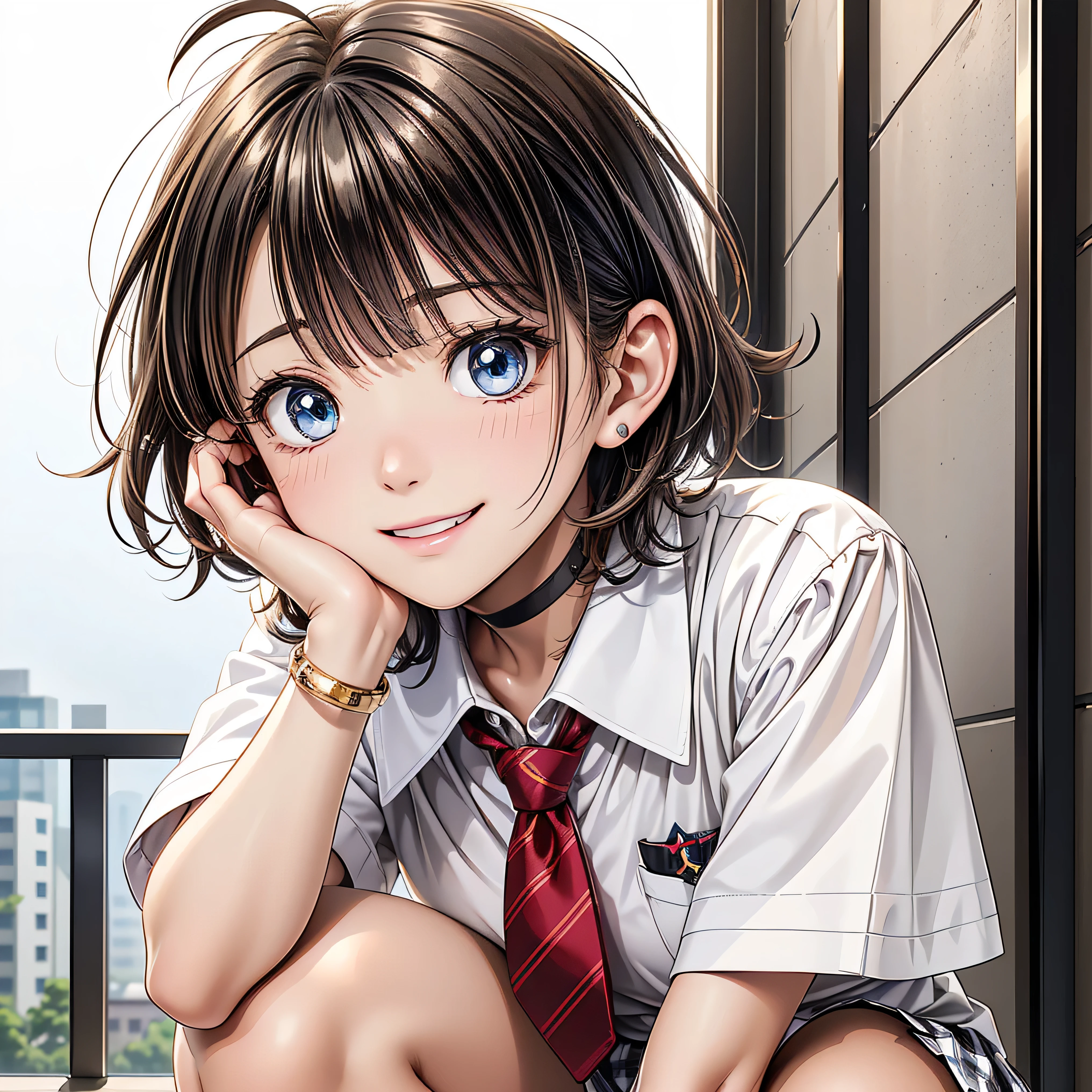   red jewels,   is cute  girl, ((  one naughty girl)), ((baby face:1.4)), (( is cute :1.4)), 
break 

(( Black Student Blazer with White Lines  :1.2) + ( with white lines )), ( dark white dress shirt), ((  Red Necktie  )), ((   Red and White Gingham Plaid Pleated Skirt:1.2)), (  black high socks ), (  brown loafers ), 
((  black choker)), ((  flashy gold bracelet )), 
break 

(( blondes:1.2)), (( Very short bangs:1.4)), ((  Pixie Cut Hair  ) : (  very short hair ) + ( outbound  ) + (Bedhead:1.4)), 
( droopy eyes :1.4), ( big eyes), ( blue eyes), 
((  small breasts)), 
break 

((:1.2)、( wicked smile :1.4)、( make a stunned expression :1.4)、 Letter with open mouth  ), 
((noon:1.4,  school rooftop during lunch break,  blue sky)), 
((  squat with raised knees  ))、((Put your elbow on your knee 、Place your hand on your chin ))、((  looks up at the  )), 
((  angle)), ((  Character Focus  )), ((  cowboy shooting)), 
break 

(  slender body ), ( symmetrical facial features ), 
(   detail hair on the front of the wall ), ( beautiful hair), (  shiny hair), 
(double eyelids), (  long lashes ), ( thin eyebrows on boots), 
( Sparkling Eyes), (  detailed eyes on board), (  beautiful eyes), (  perfect eyes), ( Eyeliner),  
((Human Ear)), 
(Beautiful Nose), (Thin Nose), 
(  Glossy Lips  ), (  beautiful lips), ( Thick lips), 
#( detailed skin), (  fine skin), ( Beautiful skin), ( Oily skin ),  
break 

((( best quality )), ((Masterpiece:1.3)), ((  very detailed))), ((   Ultra Fine )), ((16k)), ((1080P)), ((Full HD)), 
(   anatomically correct ), (( realistic)), (3DCG), ((Oil)), 
((Anime)), (( photorealistic)), (CG illustration), (  RAW photo), 
