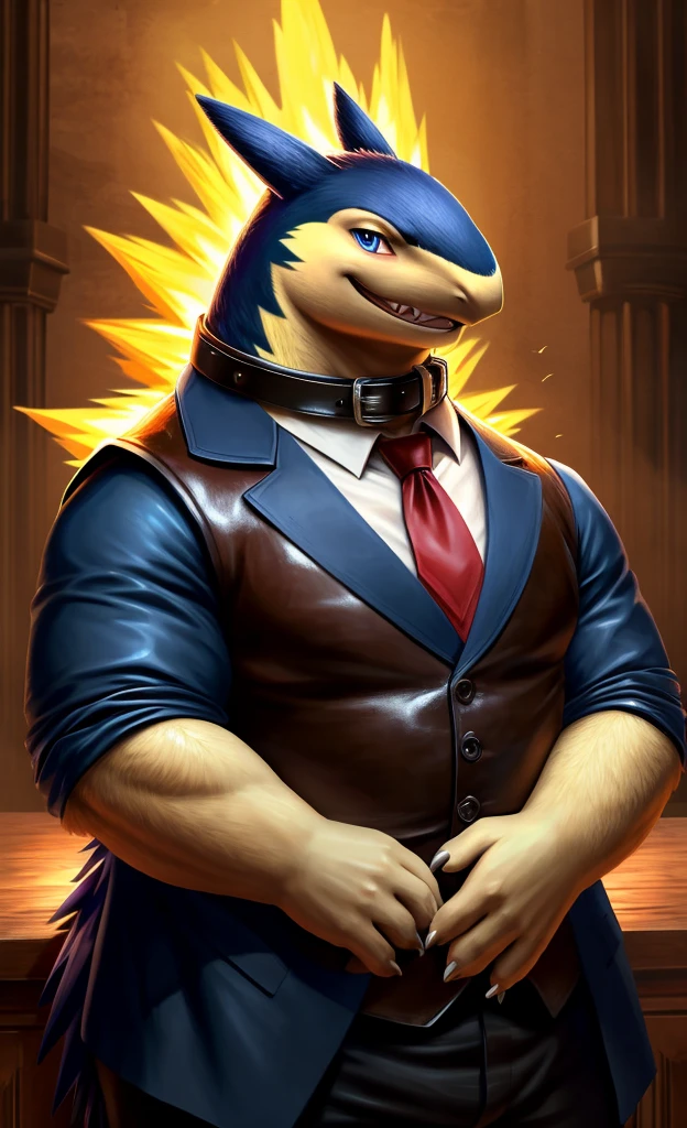 Solo, Male, fat, extremely obese, gentleman, dapper Professor Typhlosion, blue eyes, (posing:1.3), (soft shading), 4k, hi res, ((detailed face, detailed)), looking at viewer, mouth wide open, steampunk, dapper clothing, collared shirt with buttons, top hat, male focus, Explorer Outfit, glasses, monocle, vest with buttons, sleeves rolled up, round eyewear, brown headwear, brown vest, office, Typhlosion is wearing a glossy leather dog collar around the neck, Typhlosion is wearing the leather collar and shirt and vest at the same time, Typhlosion is wearing glossy white rubber gloves on the hands, wearing white rubber gloves on the feet, gloves are rubber in texture, clenching teeth, clenching fists, leather collar is glossy and shiny with a lot of detail, Typhlosion is wearing gloves and leather collar at the same time, leather collar has a round dog-tag, leather collar is thick and detailed, leather collar is glossy and shiny, fancy clothing, dapper vest, dapper shirt, leather collar is thick, glossy leather collar.