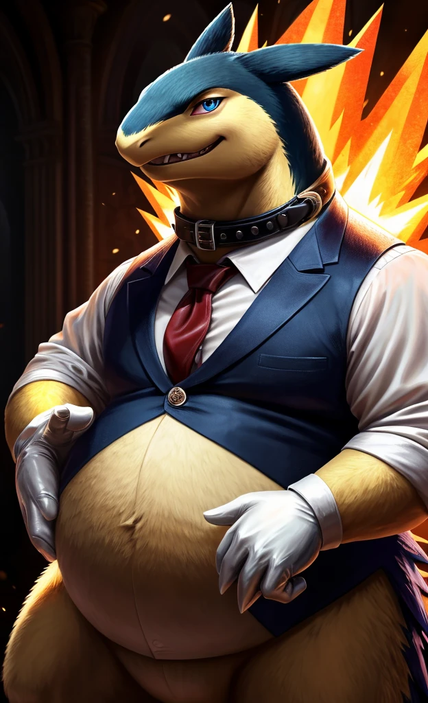 Solo, Male, fat, extremely obese, gentleman, dapper Doctor Typhlosion, blue eyes, (posing:1.3), (soft shading), 4k, hi res, ((detailed face, detailed)), looking at viewer, mouth wide open, steampunk, collared shirt with buttons, top hat, male focus, Explorer Outfit, glasses, monocle, vest with buttons, sleeves rolled up, round eyewear, brown headwear, brown vest, Doctor Typhlosion is wearing a glossy leather dog collar around the neck, Doctor Typhlosion is wearing the leather collar and shirt and vest at the same time, Doctor Typhlosion is wearing glossy white rubber gloves on the hands, wearing white rubber gloves on the feet, gloves are rubber in texture, clenching teeth, clenching fists, leather collar is glossy and shiny with a lot of detail, Doctor Typhlosion is wearing gloves and leather collar at the same time, leather collar has a round dog-tag, leather collar is thick and detailed, leather collar is glossy and shiny, fancy clothing, dapper vest, dapper shirt, leather collar is thick, glossy leather collar, steampunk doctor.
