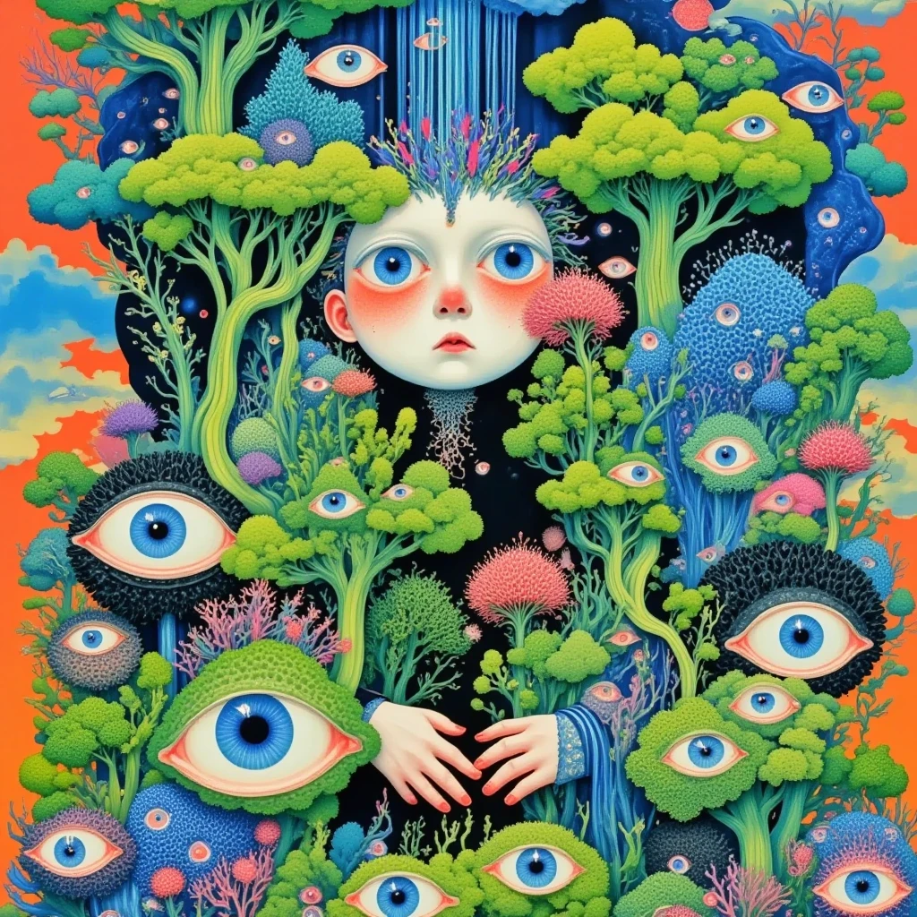 Close up of a poster with a flower and a tree, a 超realismist painting by Justin Gerard, Winner of the Behance competition, Psychedelic Art, beeping sounds and james jean, Psychedelic illustration, 超realism design, psychedelic 超realism art, 超realism + Very detailed, The Holy Grail of Brain Tree Eyes, 超realism psychedelic design, realism | beeping sounds, 4 k surrealism