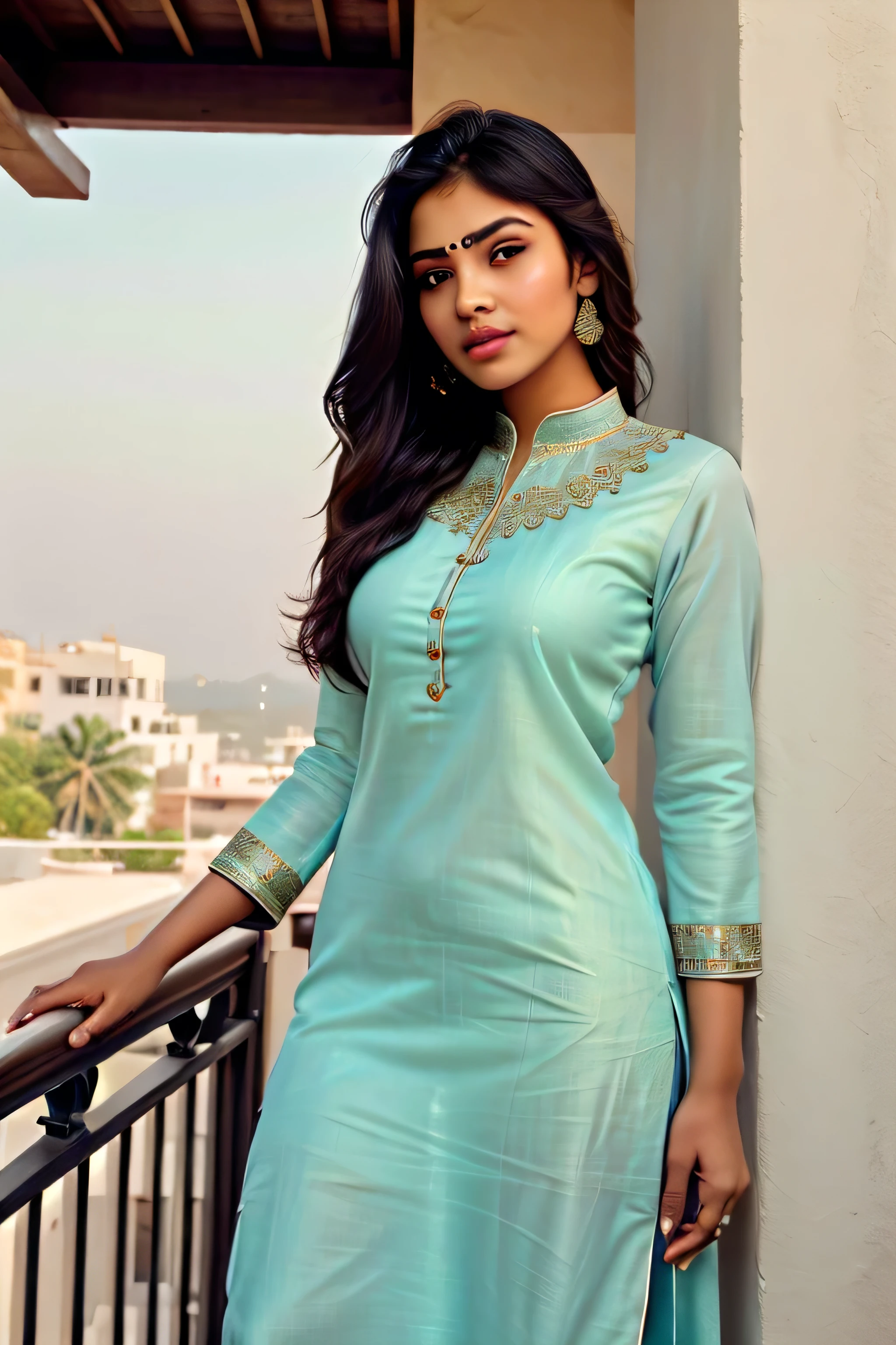 ultra-realistic photographs,Indian Instagram female model,mid 20s,9:16,mid-shot,beautiful detailed eyes,detailed lips,longeyelashes,black stylish hair, naturally full eyebrows,perfectly formed nose,expressive face,attractive appearance,confident and elegant posture,graceful movement,vibrant and colorful kurta dress, floral patterns, nature background, serene atmosphere,stunning architecture,soft and natural lighting,vivid colors,photorealistic,HDR,highres,studio lighting,ultra-detailed,bokeh,fully covered clothes