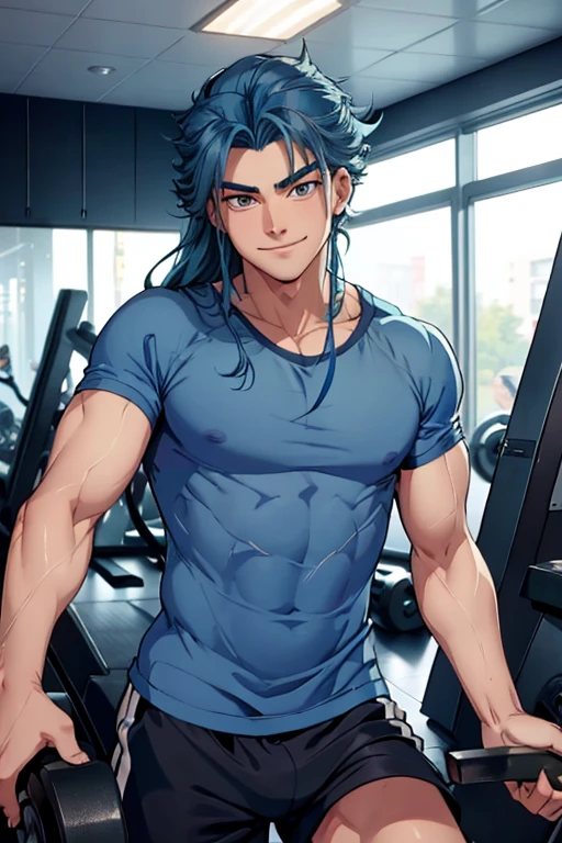 Blue sports braと黒いショーツを着たアニメの男の子、solo、Long Hair、Black Hair、blue eyes、ponytail、Handsome anime pose、muscular!!、Tall anime boy with blue eyes、Anime Handsome Man、2D Anime Style、Male Anime Characters、Cool anime boys、Wearing a sports bra、Blue sports bra、black shorts、sports bra with an blue、shorts with an black、Official studio anime stills、muscular!、muscular!!、seductive anime boy、Tall Boy、Young Anime Guyの子、14 years old、perfect body、perfect hands、perfect fingers、perfect legs、perfect arms、sportsbra and panty only、Handsome anime pose、Toned body、(male body:1.3)、Smooth anime CG art、Physically sporty、Young Anime Guy、Male Anime Style、Anime Shōnen、