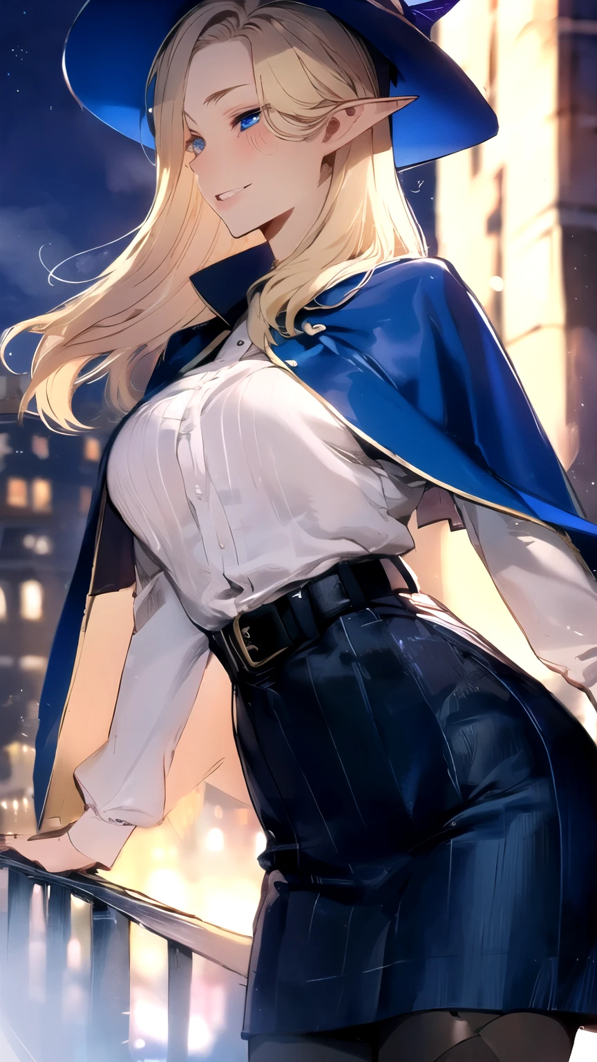 ((masterpiece,best quality)), perfect eyes, blue eyes, , blonde hair, , long hair, elf,{ : perfectly shaped breast : : perfectly fit body } { blue witch hat, Blue capelet, striped shirt, horizontal stripes, long sleeves, belt, blue skirt, , black pantyhose}{ standing : waiting  } { sweet_smile } { night : town } 