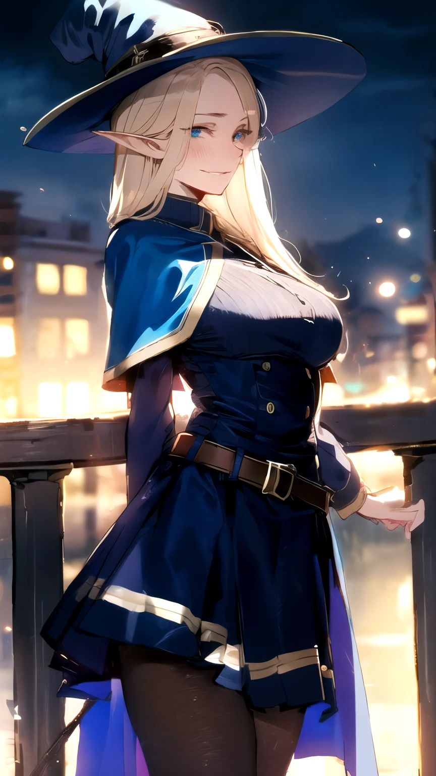 ((masterpiece,best quality)), perfect eyes, blue eyes, , blonde hair, , long hair, elf,{ : perfectly shaped breast : : perfectly fit body } { blue witch hat, Blue capelet, striped shirt, horizontal stripes, long sleeves, belt, blue skirt, , black pantyhose}{ standing : waiting  } { sweet_smile } { night : town } 