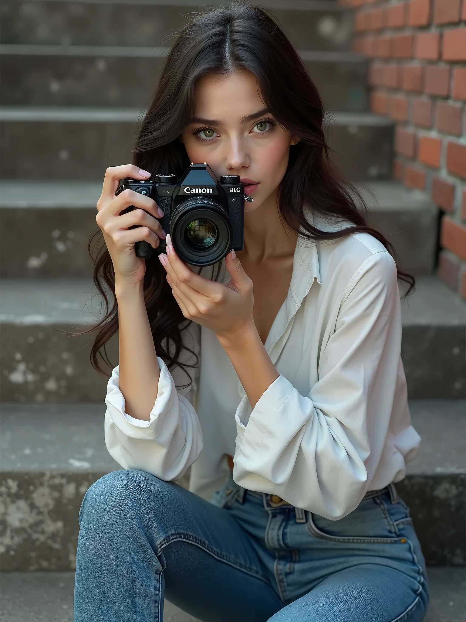 A brunette girl with curly hair and small breasts sits with her legs on the wall, taking a cinematic photo