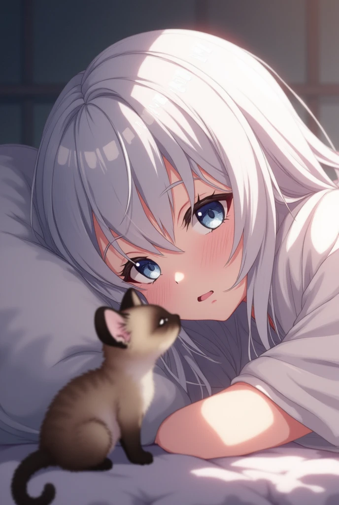 1girl, solo, 
a young girl with white hair and wearing a white dress sits on a couch, embracing a white cat, She has cat ears and a tail, showing her to be a feline creature like human, with a window letting in natural light and a bookshelf full of various books, Nearby, one can see a cup placed on a table, depth of field, blurry foreground, blurry background,
masterpiece, best quality, absurdres, recent, newest, safe, sensitive