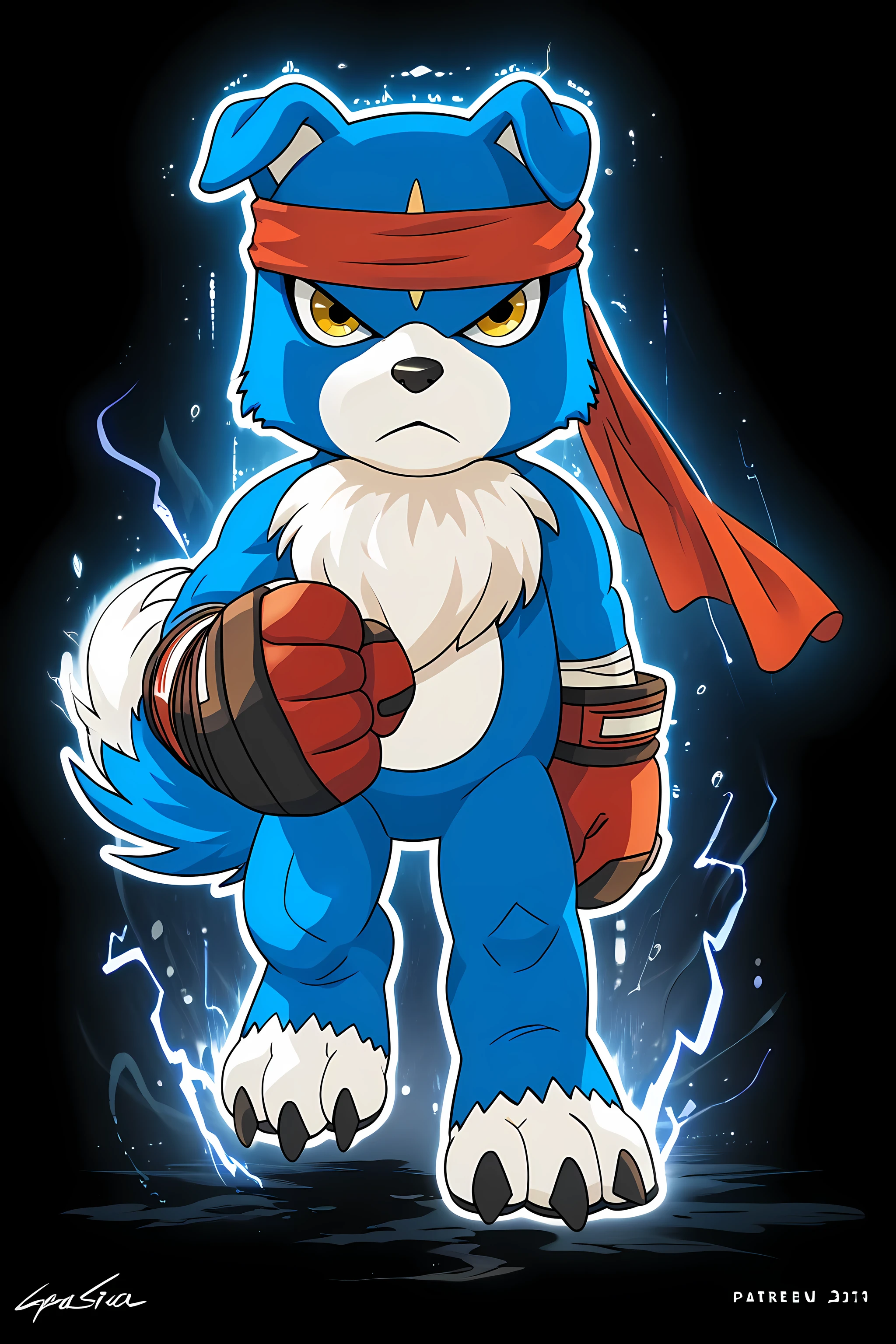 gaomon (character), digimon (creature), dog boy, blue body, headband, yellow eyes, boxing gloves, UltraInstInctAura, aura, glow, light particles, sparks, electricity, black background, white background, abstract background, detailed, cel shaded, flat color, full body, wfa style, walking towards viewer, stern face, muscular