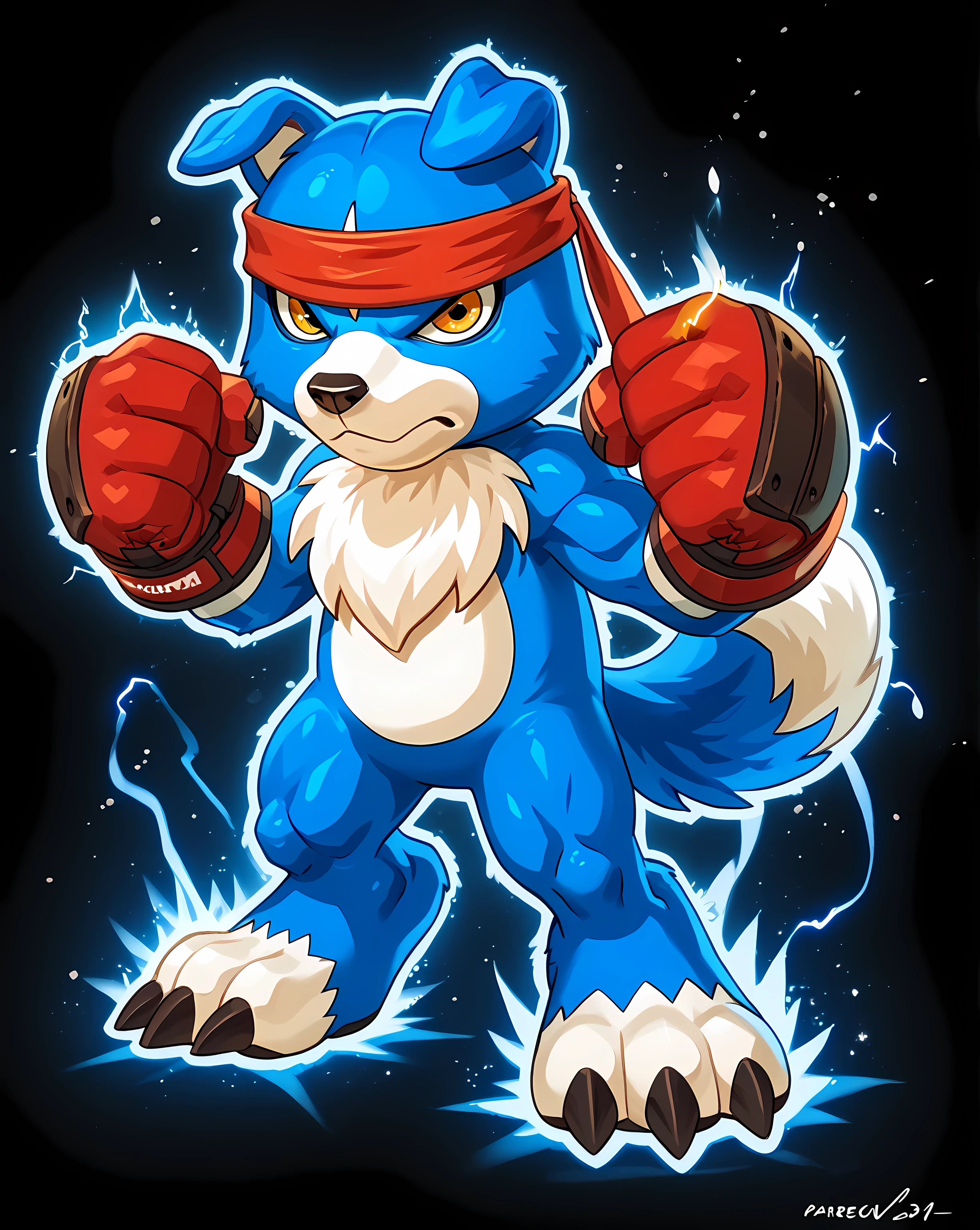 gaomon (character), digimon (creature), dog boy, blue body, headband, yellow eyes, boxing gloves, UltraInstInctAura, (aura, glow, light particles), sparks, electricity, black background, white background, abstract background, detailed, cel shaded, (flat color), full body, wfa style, stern face, flexing biceps, flexing