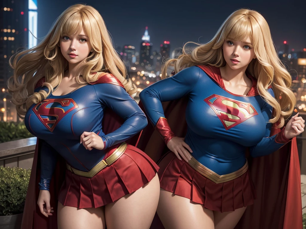 2 girls, supergirl vs powergirl, dc comics, , blond hair, beautiful face, perfect bodys , huge breast for power girl, normal breeast for super girl, power girl with short hair, huge boob, powergirl uniform, supergirl with normal boobs size, cape, skinny uniform , supergirl unifirm, masterpiece, both flying