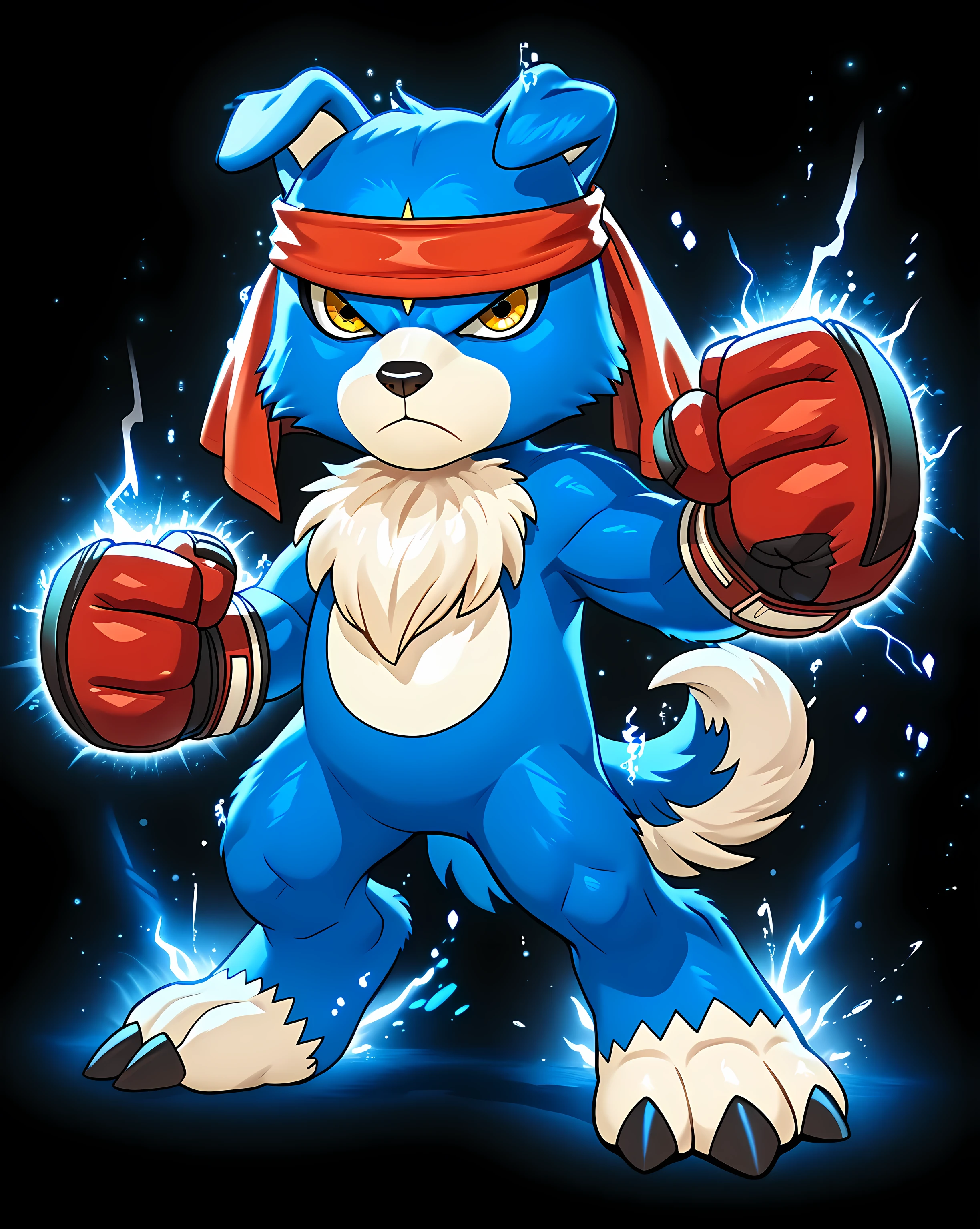 gaomon (character), digimon (creature), dog boy, blue body, headband, yellow eyes, boxing gloves, UltraInstInctAura, (aura, glow, light particles), sparks, electricity, black background, white background, abstract background, detailed, cel shaded, (flat color), full body, wfa style, stern face, flexing biceps, flexing