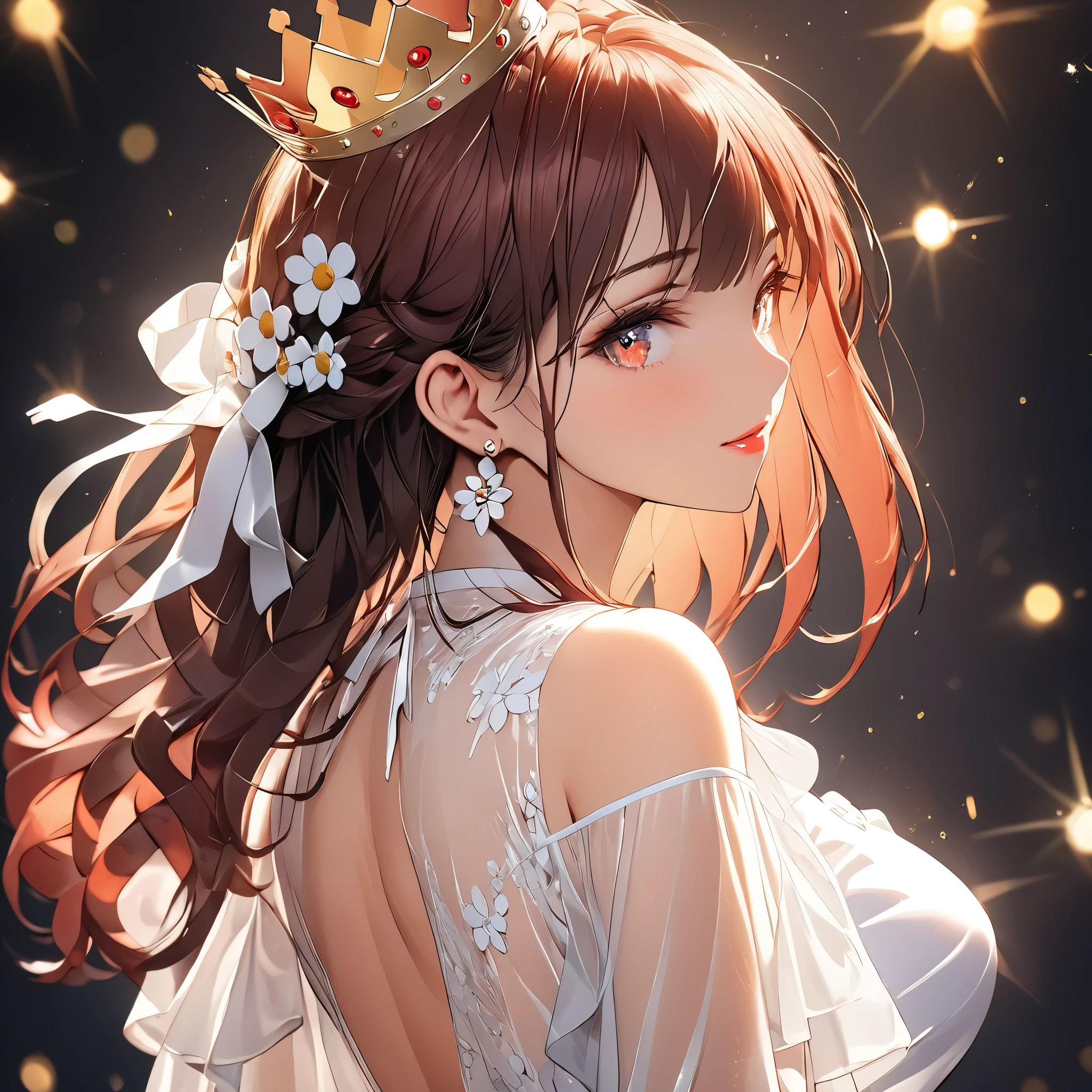 (beautiful girl:1.3),1girl,masterpiece,Highest quality,Ultra-high resolution,rich contrast,super high quality,8k,Highly detailed CG unit wallpaper,texture,Incredibly absurd,Ultra-high resolution,Highest quality anime,professional photograph,an extremely delicate and beautiful,RAW Photos,Depth of Field 1.2,ultra-detailed eyes,Glitter Effect,Beautiful glossy lips, 25years old, gorgeous legs, noise perfect, gorgeous , , background random, ( Looking Back), gorgeous , dynamic pose, skinny jeans, (translucent white blouse), long sleeves, low back, no bra, sensual woman,  woman, mature woman, Milf, maternal, shy look, full body, 1girl, hud_crst_prncss_drss, flower buttons,  shoulders, crown, daisy earrings, reddish brown hair, long reddish brown hair, 