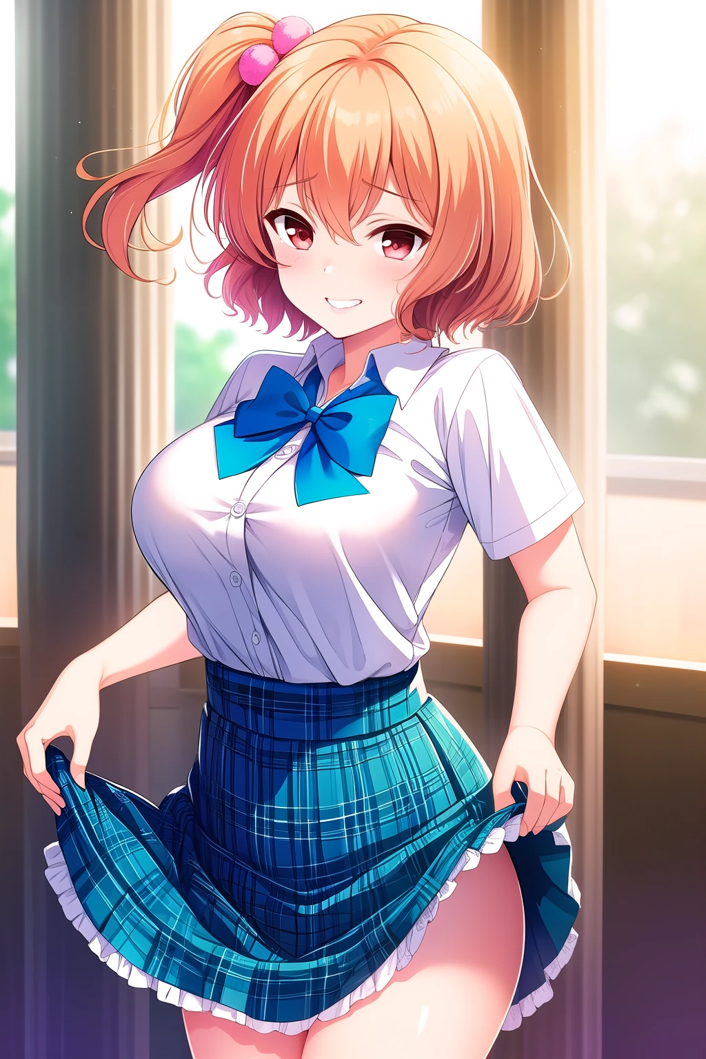 (Masterpiece, best quality ), highly detailed background , perfect lighting best quality , tomuramichiru, Alone, indoor, classroom, orange hair, One side up, hair bobble, hair between eyes, short hair while on a business trip, RED EYES, medium boobs, (Blue Bowtie:1.3), white shirt, Short sleeve, BLUE SKIRT, plaid skirt, (Hands grabbing skirt:1.2)、( skirt lift up sandwiched between columns:1.3)、 white thighs, school uniform, grinning、 pink lips,