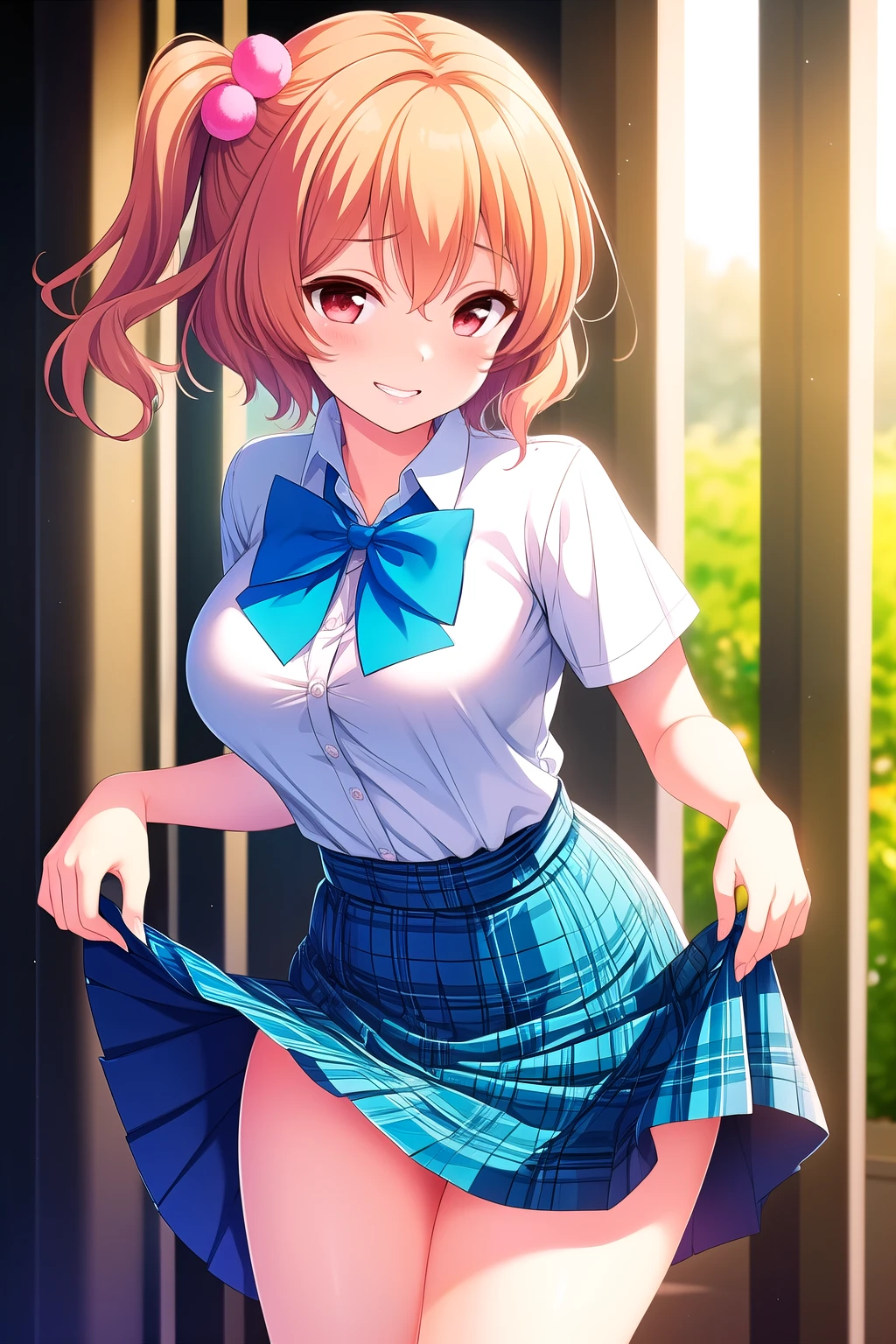 anime, (masterpiece), (Highest quality), (Very detailed), (best shape), (Best Shadow), (absurdes), (Detailed Background), (so beautiful), Shiny, Beautiful eyes in every detail, Extraordinary, Countershading, Detailed soft lighting, an exquisite animation shape, 8k, 32K, High resolution, unity 8k wallpaper, shape, anime style, Perfect lighting, Extremely detailed CG, Sakuragi Hand, blush, Embarrassing, A kind smile, (nsfw:1.4), Accidental exposure, bedroom, Open your mouth, (Embarrassing:1.1), (blush:1.2), (shout:1.1), (Move a row:1.1), Sweat, Heavy breathing, ((Motion Lines)), school uniform, collared shirt, blue plaid pleated skirt, pink bow, (shirt lift:1.2), pink bra, show off bra, (skirt lift:1.3), pink panties, panty pull, pussy classroom, Perfect body