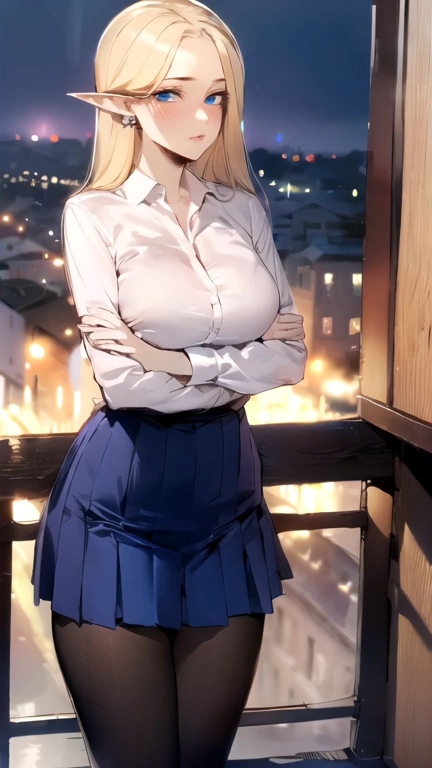 ((masterpiece,best quality)), perfect eyes, blue eyes, , blonde hair, , long hair, elf,{ : perfectly shaped breast : : perfectly fit body } { white_collar_shirt : blue_skirt : pantyhose }{ standing : waiting } { crossed_arm : pout } { night : town }