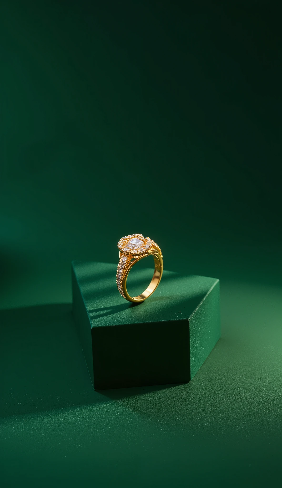 luxurious and minimalist scene featuring a gold ring. Use a smooth,deep green emerald for the background to enhance the luxurious feel. The ring should be prominently displayed, with its intricate design and embedded diamonds clearly visible. Incorporate accents of to highlight its shine and sophistication. Ensure the lighting is soft and diffused, enhancing the richness of the colors and adding a gentle glow to the jewelry. The overall aesthetic should exude refined elegance and timeless beauty, consistent with the "Amara" brand. The background should be gradient gold shades, ensuring the ring remains the focus while maintaining a clean and minimalist look.
Details:
Background: Deep emerald green, smooth and untextured with gradient gold shades.
Jewelry Display: Gold ring with intricate design, embedded diamond
Lighting: Soft, diffused lighting with subtle shadows to enhance the luxurious feel.