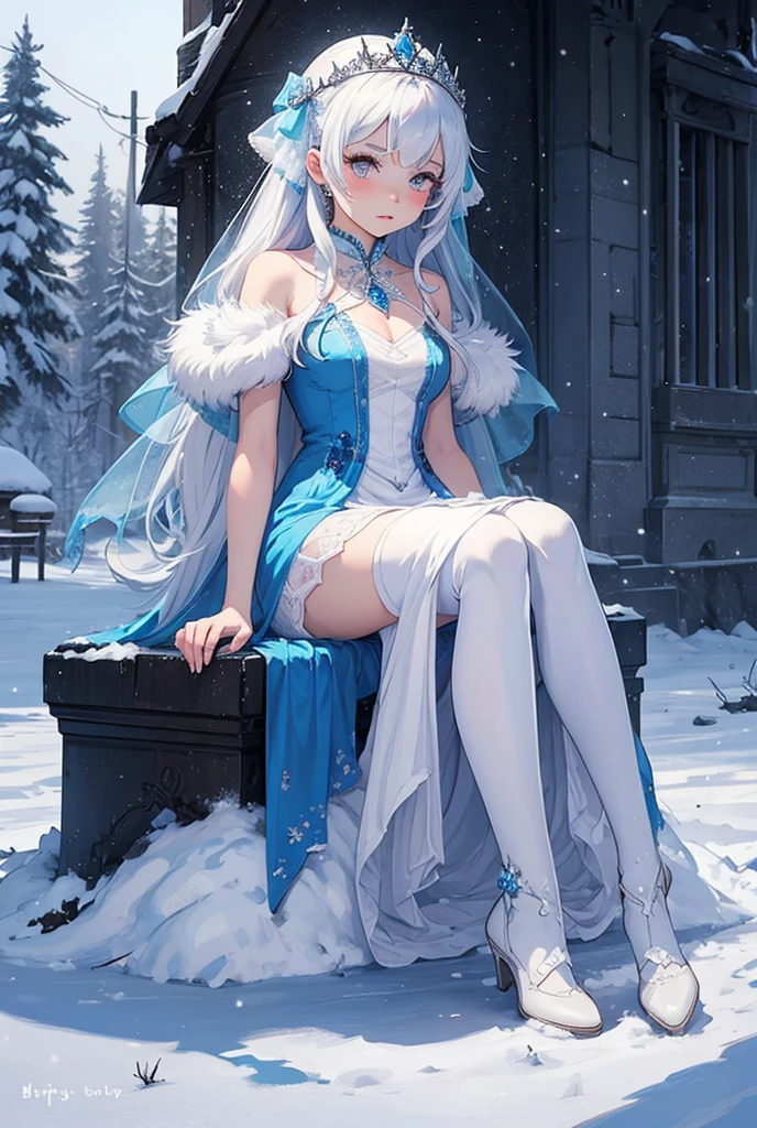 masterpiece, best quality, a snow fairy smiling, blue lips, blue hair, intense blue smokey eyes makeup, (snow material) clothing, (crystal) hair bow, crop shirt, sheer draped skirt, tights, blue pumps, playing with the snow, frozen magical fairy garden (at night), fairy village at night, fantasy village at night, magic lights floating around, (falling snow), photoshoot, dynamic pose, angle from below,