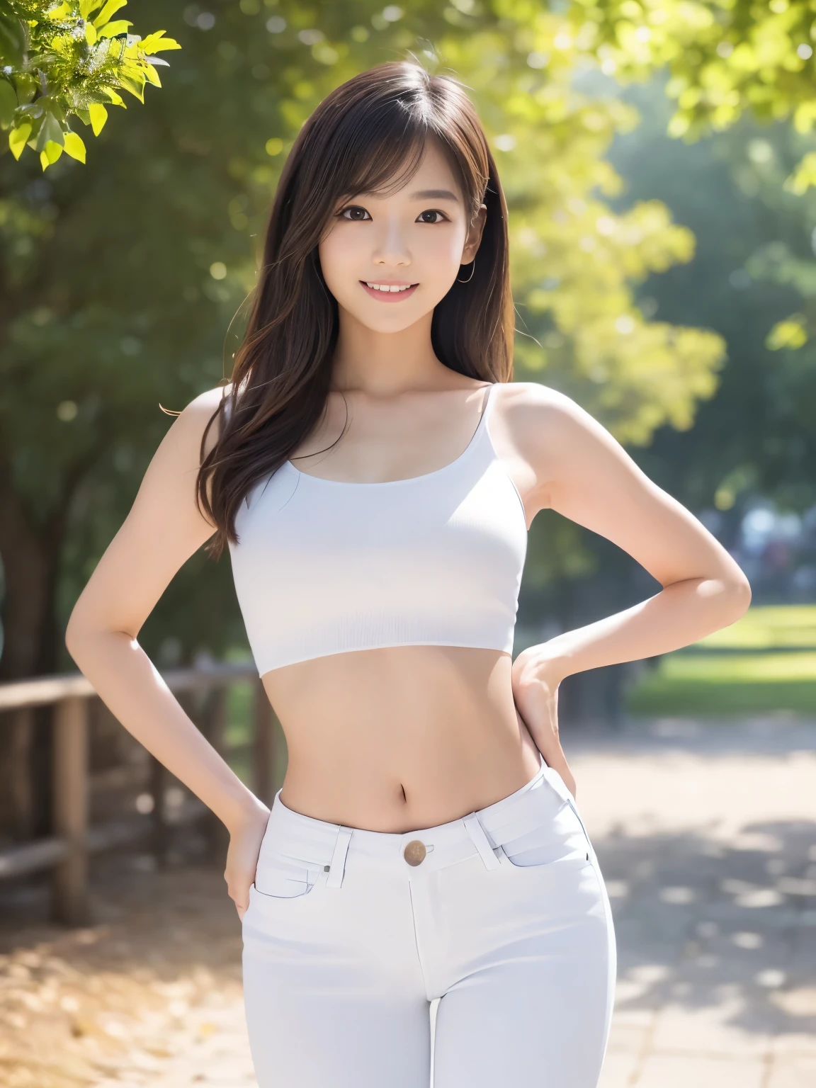 18-year-old、Rear view、long hair、big bust、stiffness in the legs。white pantig。whole body、With a smile、Turn around and look directly at the camera、