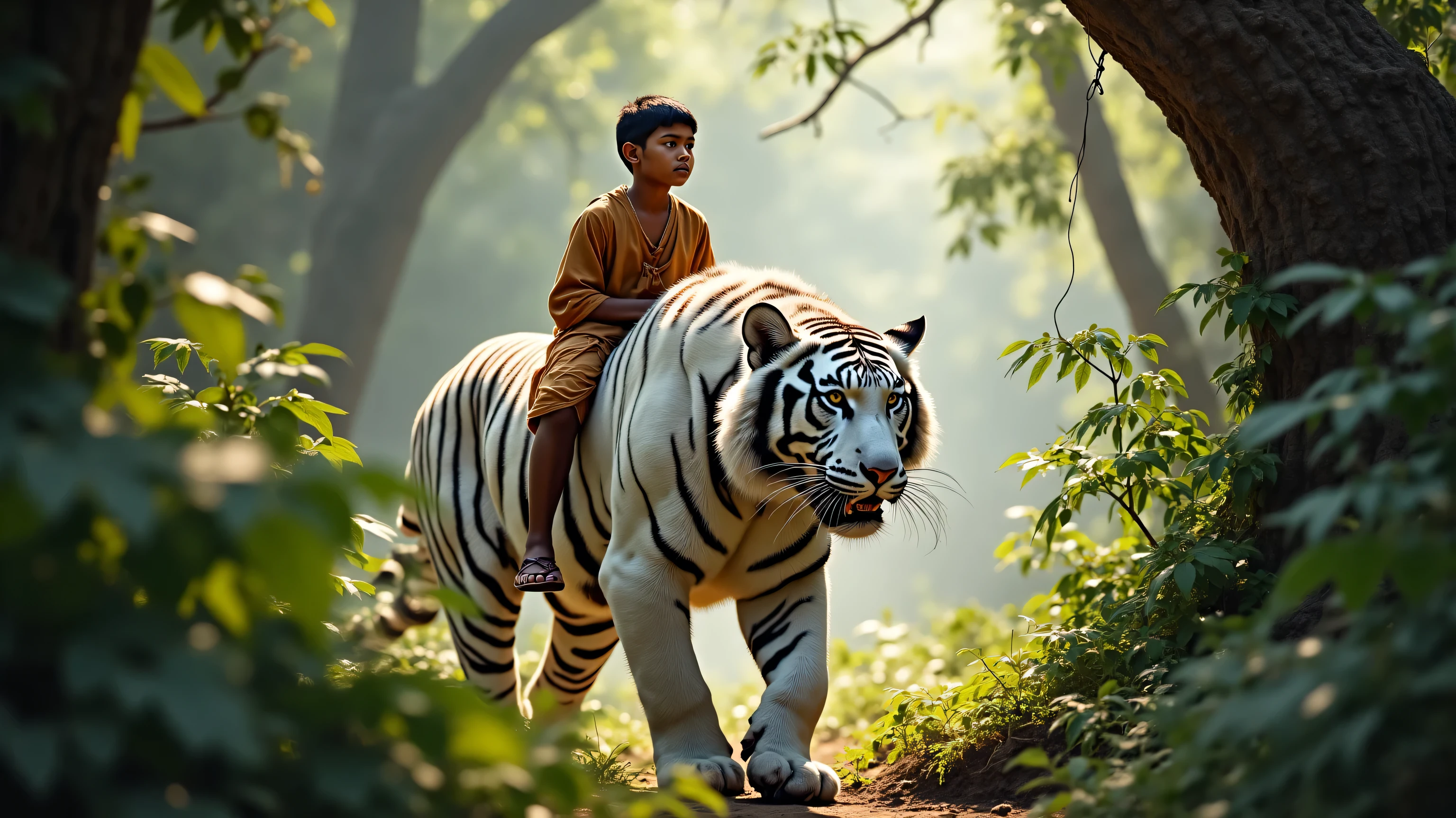 A very realistic photo of an Indian boy with straight hair crying, lost in the jungle, with a white tiger looking on concerned.