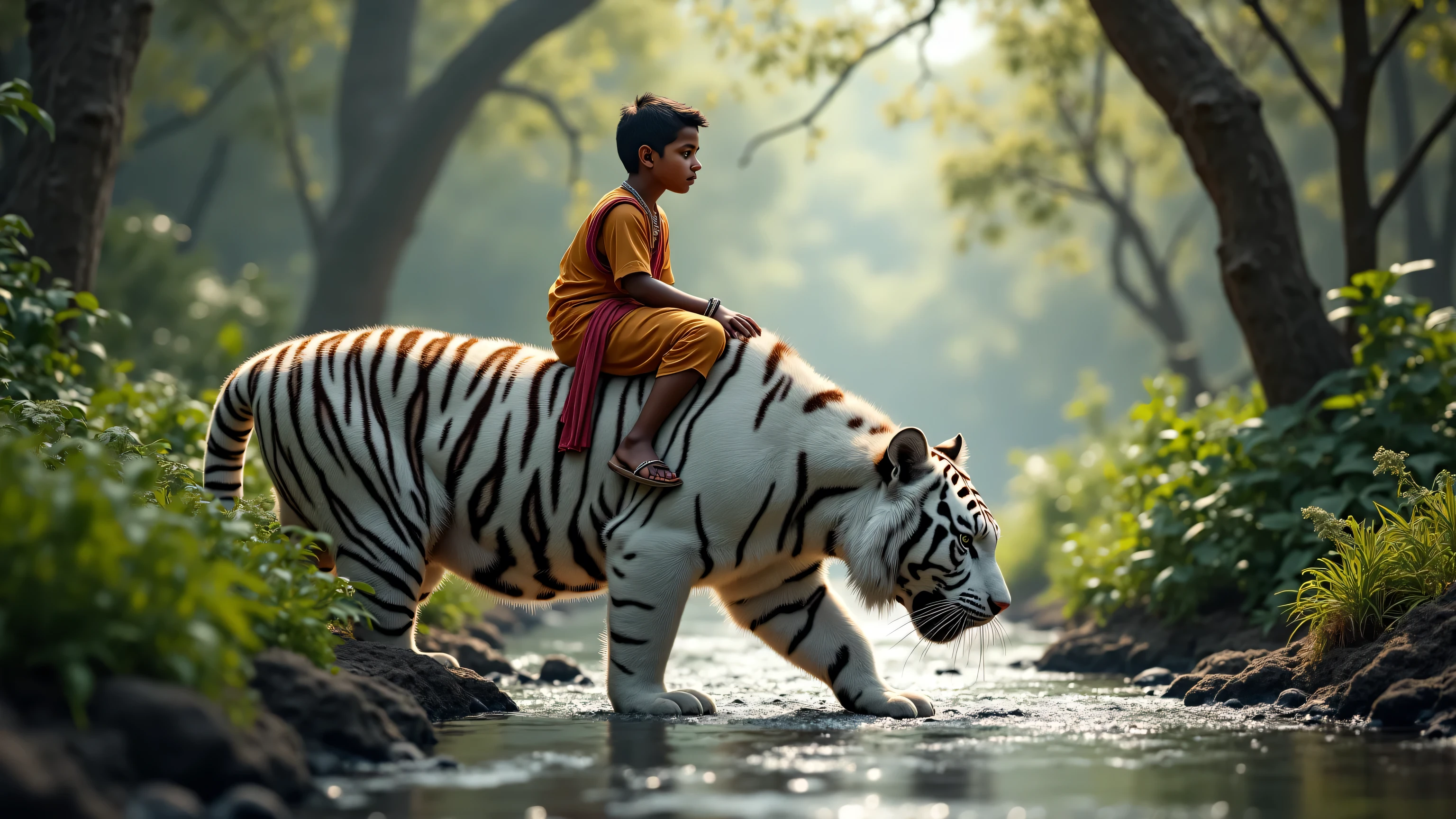 A very realistic photo of an Indian boy with straight hair crying, lost in the jungle, with a white tiger looking on concerned.