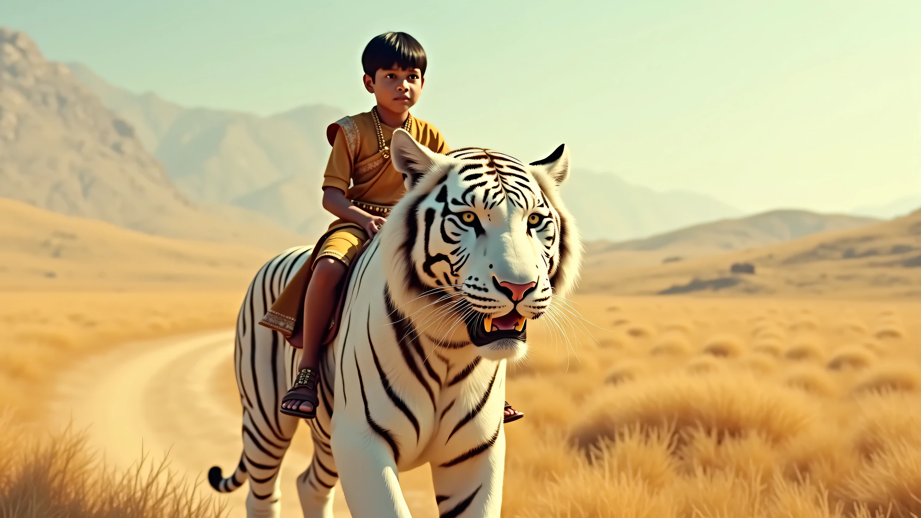 A very realistic photo of an Indian boy with straight hair crying, lost in the jungle, with a white tiger looking on concerned.