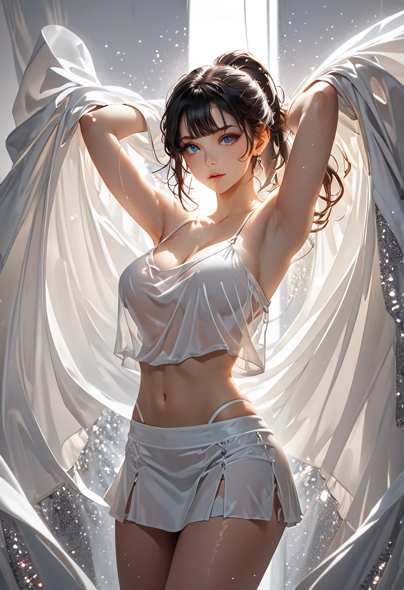 26 year old white woman、Hair is brunette、Eye color is blue、Longhaire、Slender but well-proportioned muscular body、My abs are cracked、I can see the belly button、a smile、Wearing an off-shoulder top with frills、wearing an arm dress、studio shoot