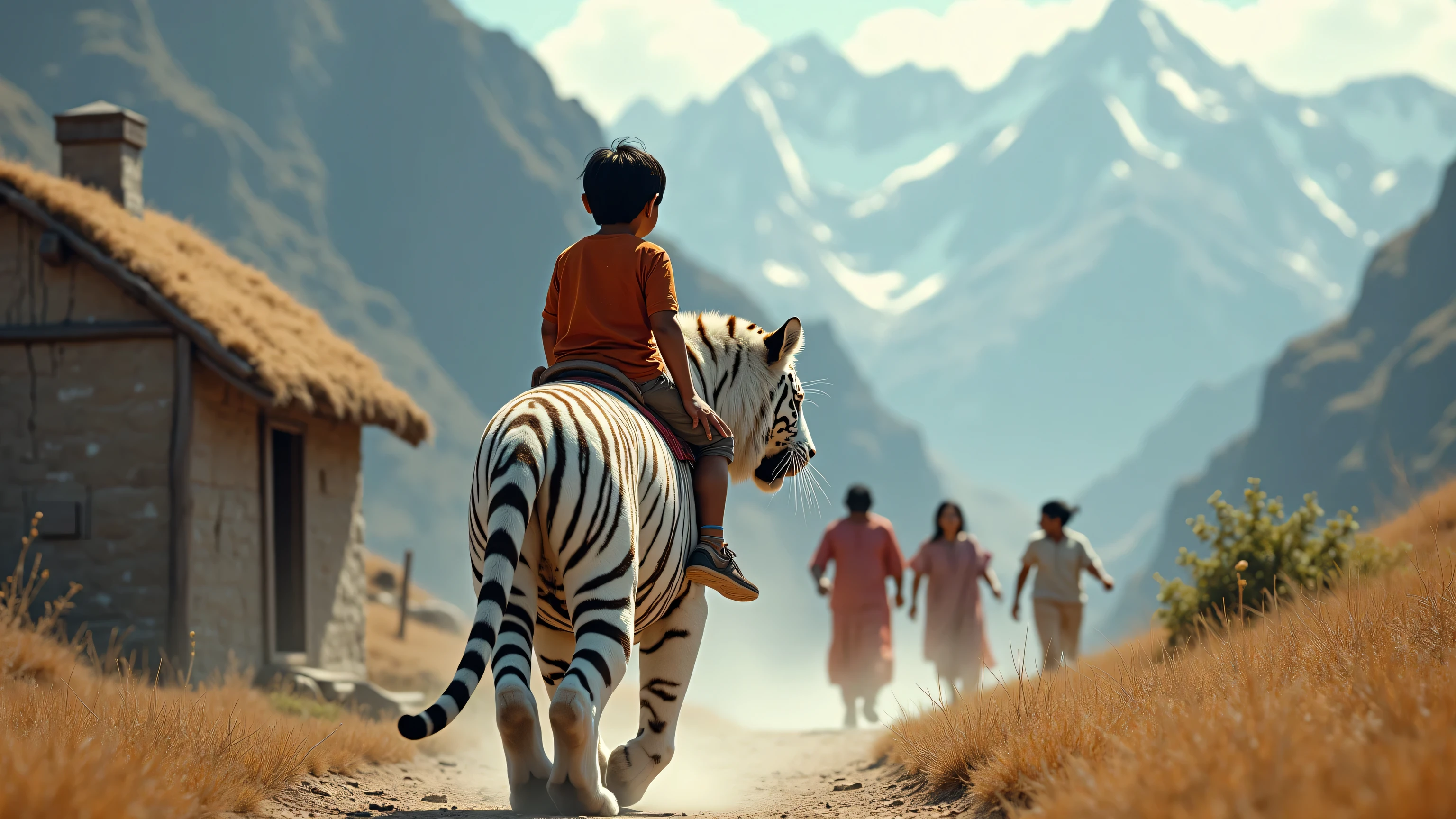A very realistic photo of an Indian boy with straight hair crying, lost in the jungle, with a white tiger looking on concerned.