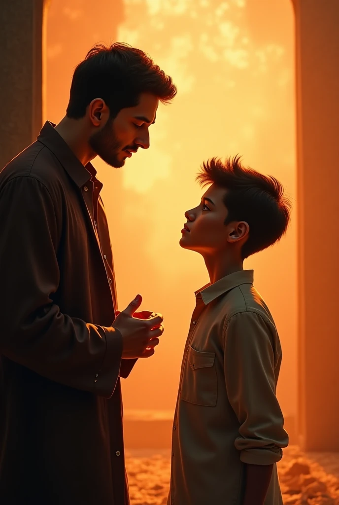 A highly realistic, high-contrast, 8K HD, detailed, hyper-detailed image of a child asking their father when he will return. Both the child and the father have sad expressions on their faces, reflecting the weight of the moment. The atmosphere is filled with emotion, as the father looks down at his child with sorrow and uncertainty, while the child gazes up with a mixture of hope and sadness. The background is softly lit, enhancing the intimate and poignant nature of the scene. The image is of the highest quality, with ultra-high resolution, RAW photo quality, and Unreal Engine rendering, capturing the deep emotional connection and the sorrowful reality of the situation.