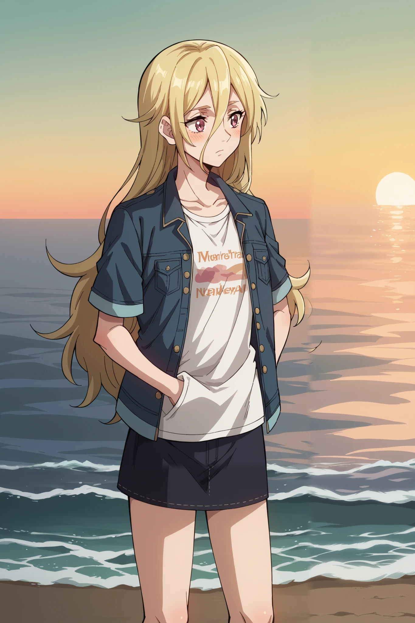 score_9, score_8_up, score_7_up, score_6_up, score_5_up, blonde in profile, 1 sixteen year old girl, long-haired blonde, fragile, slim, light golden long hair , bangs on the forehead, hair between eyes , raspberry eyes , dark pink eyes , modern t-shirt , Mini-skirt, denim jacket, hands in pockets . stands on sea water among the waves , Sunset, twilight. sea, looks at the sea, 1 girl, solo, blush, around her body light green electrical discharges