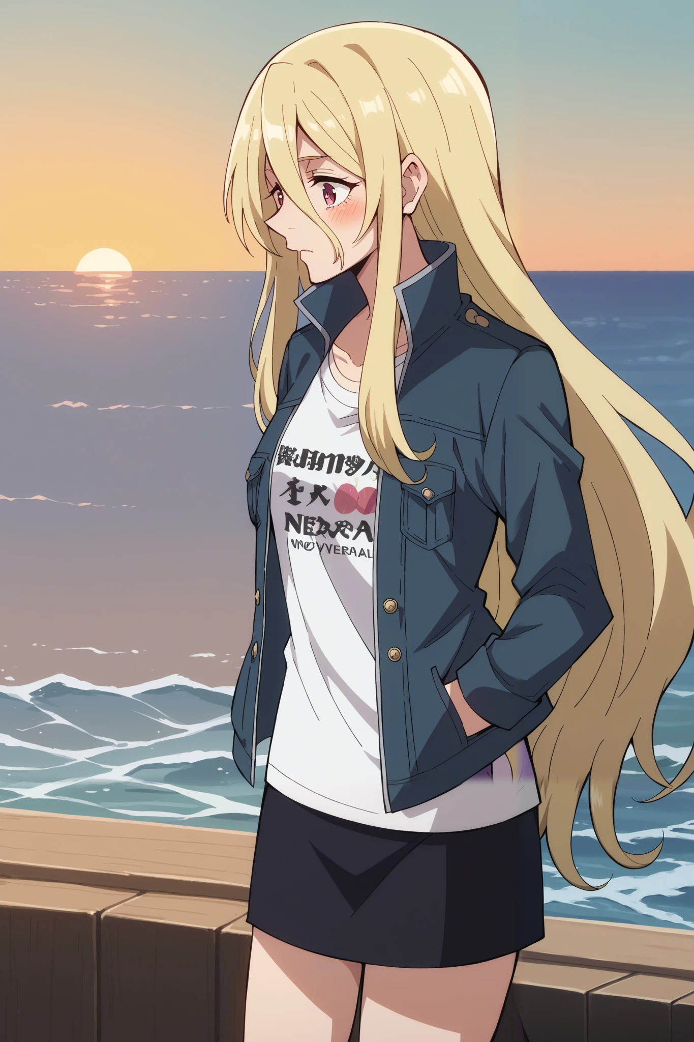 score_9, score_8_up, score_7_up, score_6_up, score_5_up, blonde in profile, 1 girl, long-haired blonde, fragile, slim, light golden long hair , bangs on the forehead, hair between eyes , raspberry eyes , dark pink eyes , modern t-shirt , Mini-skirt, denim jacket, hands in pockets . stands on sea water among the waves , Sunset, twilight. sea, looks at the sea, 1 girl, solo, blush, around her body light green electrical discharges