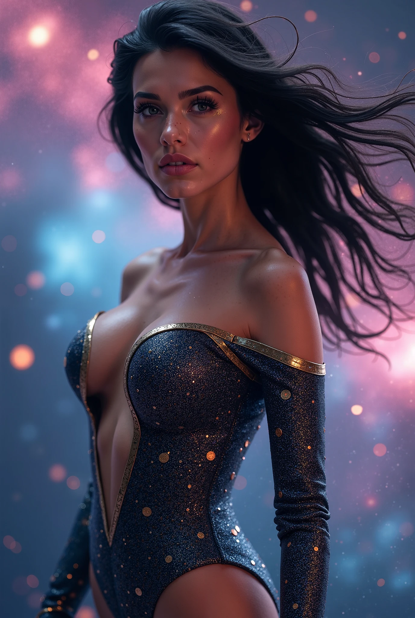 1 ultra hot gorgeous European woman. Age 23., close up, beautifully evil model, sophisticated sorceress, powerful goddess, super villainess, hourglass figure, purple dress, symmetrical, highly detailed face, long flowing black hair, mesmerizing blue eyes, lush red lips, coy smile, enticing, alluring, facing viewer, looking at viewer, blue smoke swirls around her, real, high detail, best quality