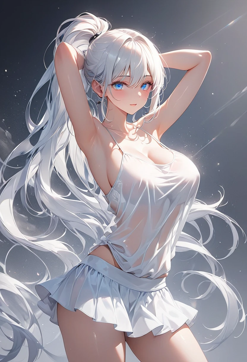 masterpiece, best quality, extremely detailed, anime, girl, (((View from below,))) shiny, Perfect female body, woman, young, long bangs between eyes, Grey hair, glossy hair, (((((very long hair))))), absurdly long hair, cute face, closed mouth, (((huge breasts))), beautiful detailed blue eyes, white skin, (((backless dress))), dhalter dress, white skirt, (((((overexposure))))), white Clothes, (((white underwear,))) ((shiny skin,)) (((light smile,))) flying, (((see through,))) (((wet,)))