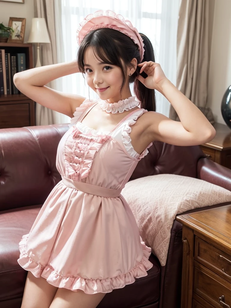 (8k、RAW Photos、Highest quality、masterpiece:1.2)、(Realistic、Realistic)、1 person、((Black and Pink、Cleavage、See-through、ribbon、Frills、garter belt、mini skirt、Thin legs、whole body、boots、View from the front、Looking into the camera、Bedroom、Kneel on the bed)、cute