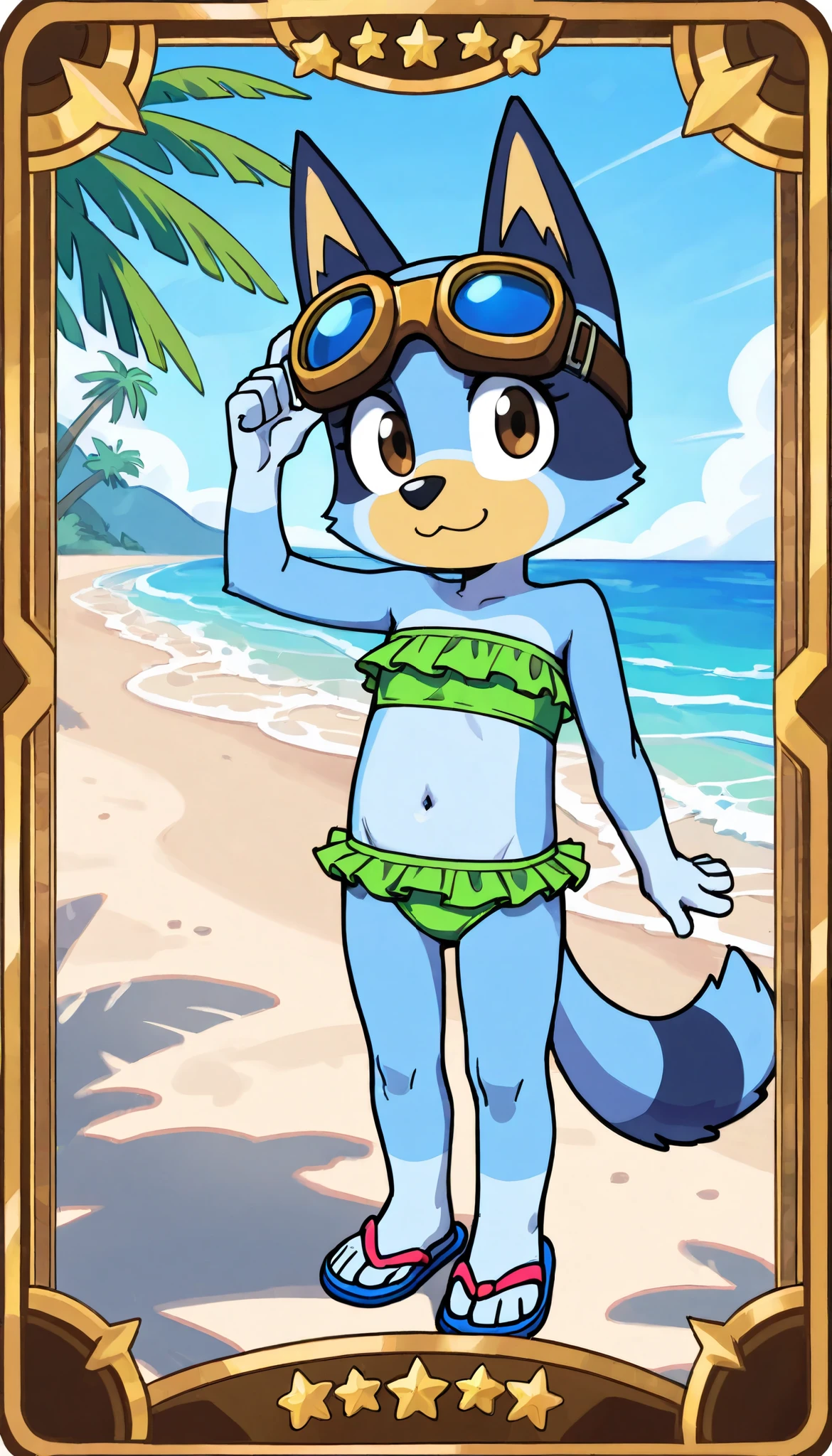 score_9, score_8_up, score_8, 1girl, source_cartoon, source_furry, blueyxl, bluey heeler, , young, girl, anthro, furry, tail, blue body, brown eyes, animal ears, flat shaded background, :3, feminine, female, tuft cheeks, short body, tiny body, ((goggles, green frilly strapless bikini top, midriff, green ruffled bikini bottom, flip flops)), navel, countershading, beach, clear sky, navel, gorgeous body, anime style, 2D, full body, feets with three toes, standing, card frame, 
