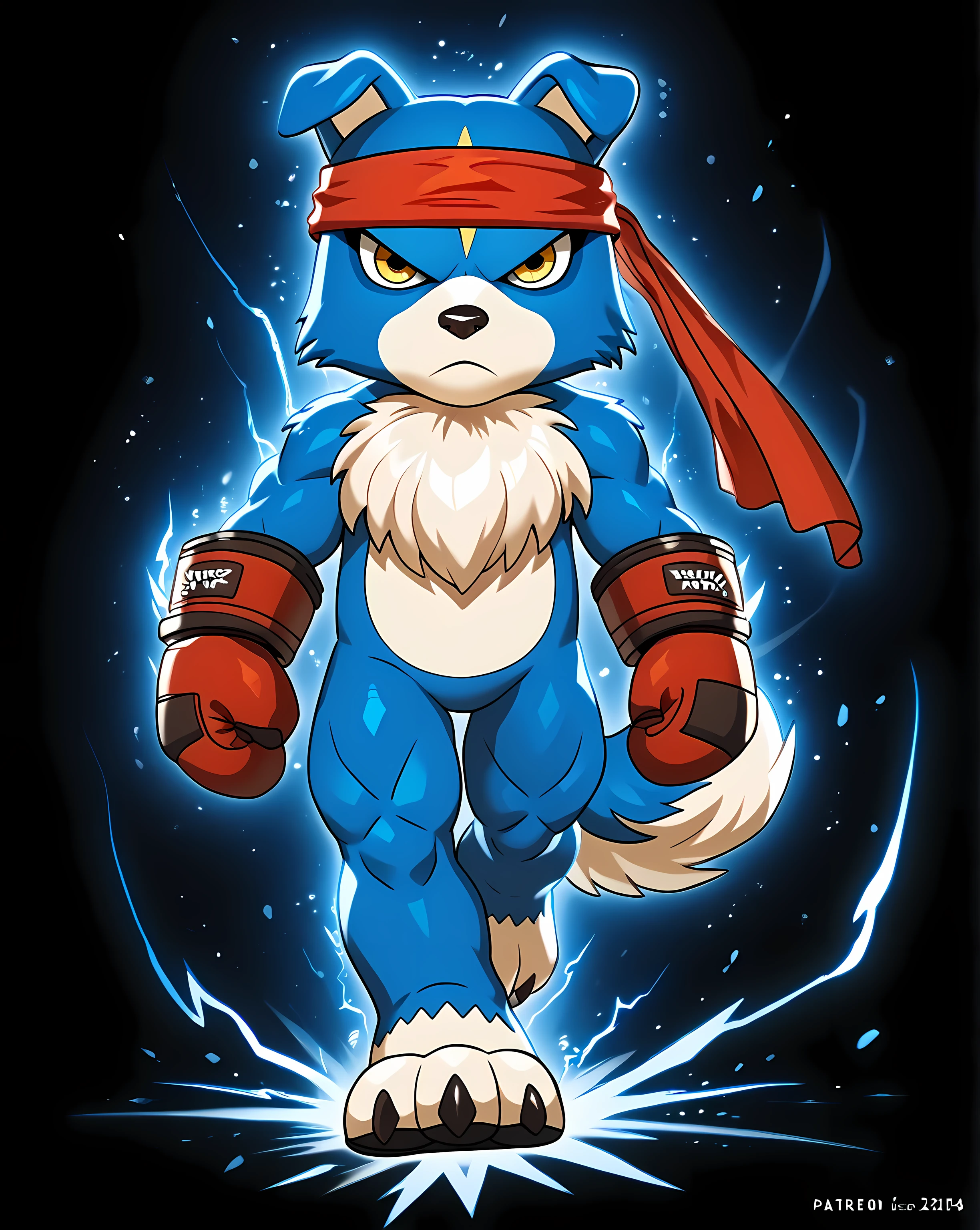 gaomon (character), digimon (creature), dog boy, blue body, headband, yellow eyes, boxing gloves, UltraInstInctAura, aura, glow, light particles, sparks, electricity, black background, white background, abstract background, detailed, cel shaded, flat color, full body, wfa style, walking towards viewer, stern face, muscular