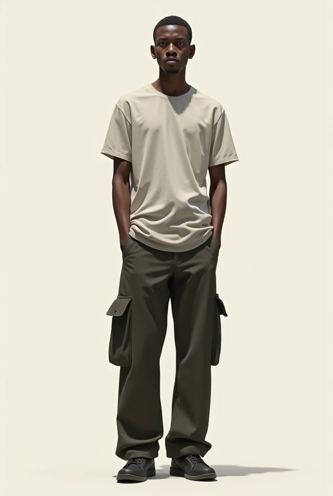 A thin guy of medium height is standing facing me, in wide pants with side pockets  