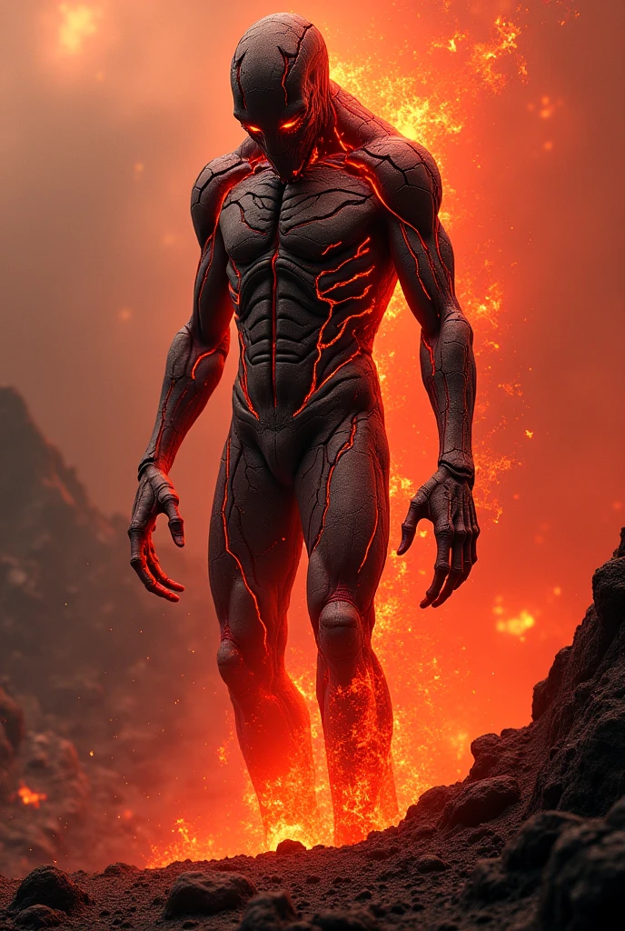 (best quality,highres:1.2),demonic figure,fiery red eyes,sharp teeth,smoke and flames rising,glowing molten lava,scorching heat,ominous presence,long shadow,menacing aura,lava dripping from body,hellish landscape,cracked earth,sparks and embers,fiery tendrils,destruction and chaos,ominous sky,extraordinary details,burning intensity,demonic power,radiating heat,dark