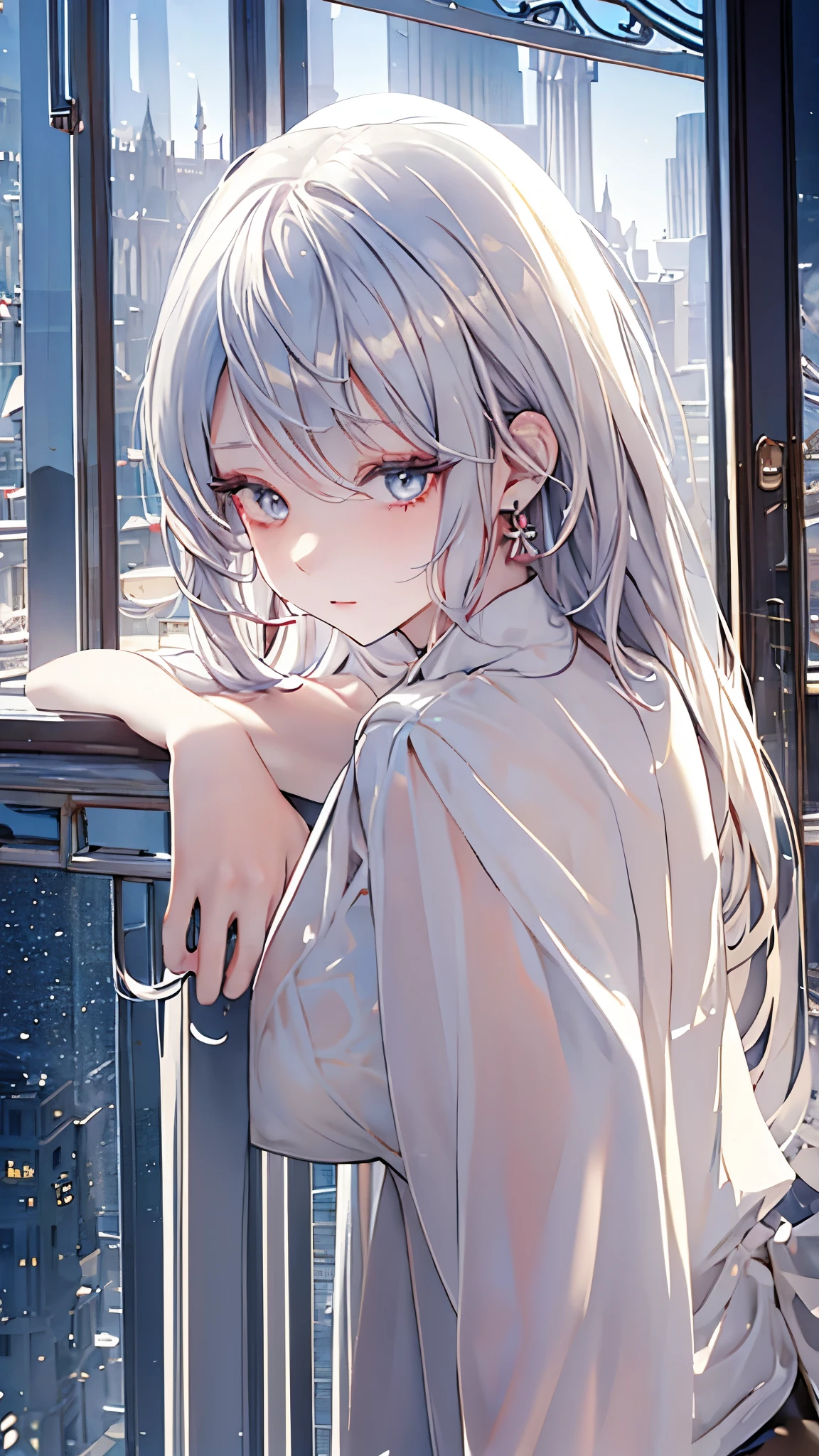 masterpiece, coffee, cafe owner,white hair girl,pale diamond eyes, starry eyes, pale eyes, myth, fantasy, magic, mana, in tower, beautyful , cafe background, masterpiece ,nice post, boss, queen personality