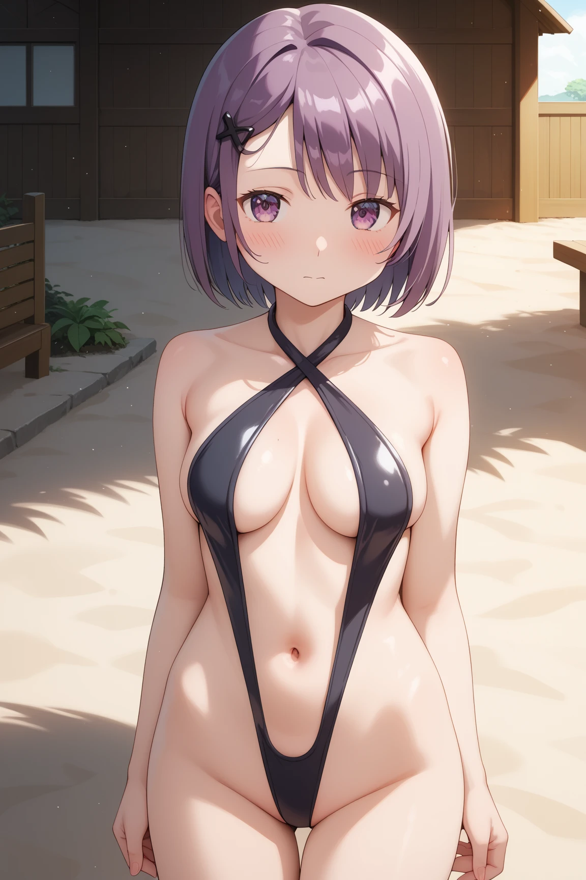 1 Girl, alone, smile, Watching the audience,, masterpiece, 最high quality:1.4,high quality, be familiar with,Completely naked,Embarrassed,crack ,Cherry Blossom Viewing,Butt,Erect nipples,Cute Breasts,Light purple hair,Purplish eyes,Short Hair,Tied up hair,Armpit hair,Completely naked,Expose