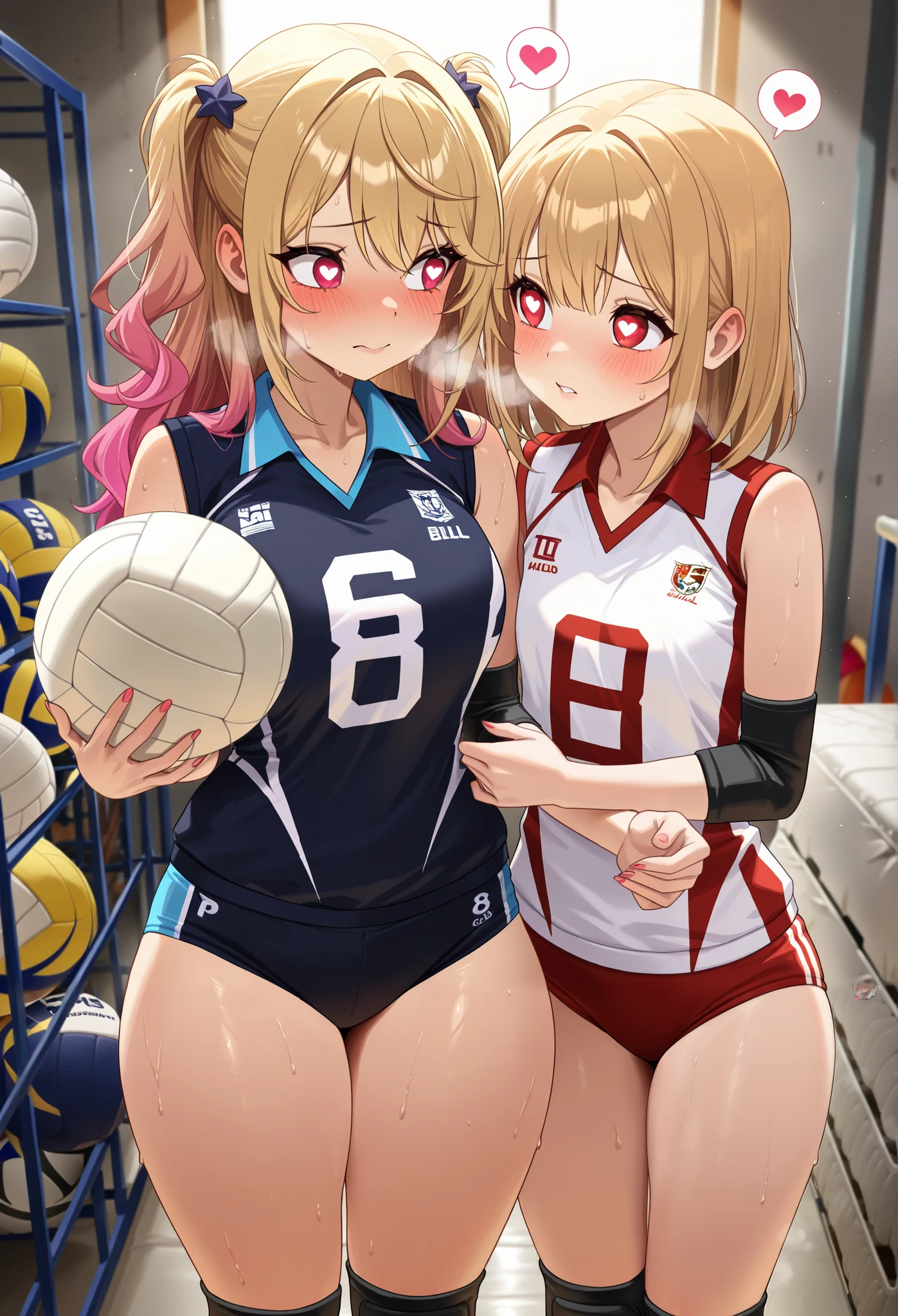unity 8k wallpaper, anatomically correct, (((masterpiece))), (((best quality))), (((ultra detailed))), (((high-resolution))), ((super fine illustration)), ((Ultimate cutie)), detailed beautiful face, shiny hair, 18 years old, ((potbelly)), (curvy), medium breasts, ((Thick thighs)), sleeveless colored volleyball uniform, ((buruma)), ((knee pad)), (elbow pad), ((hold volleyball)), ((hold a 6-inch volleyball)), cowboy shot, in volleyball court, in school gymnasium,
BREAK, (Yuri), 2girls_A_and_B, A girl_have_{{blond ponytail}}_{hair bow}_{{happy}}_{smile},
BREAK, B girl_have_{black short hair}_ {hair bow}_{{{smirk}}}