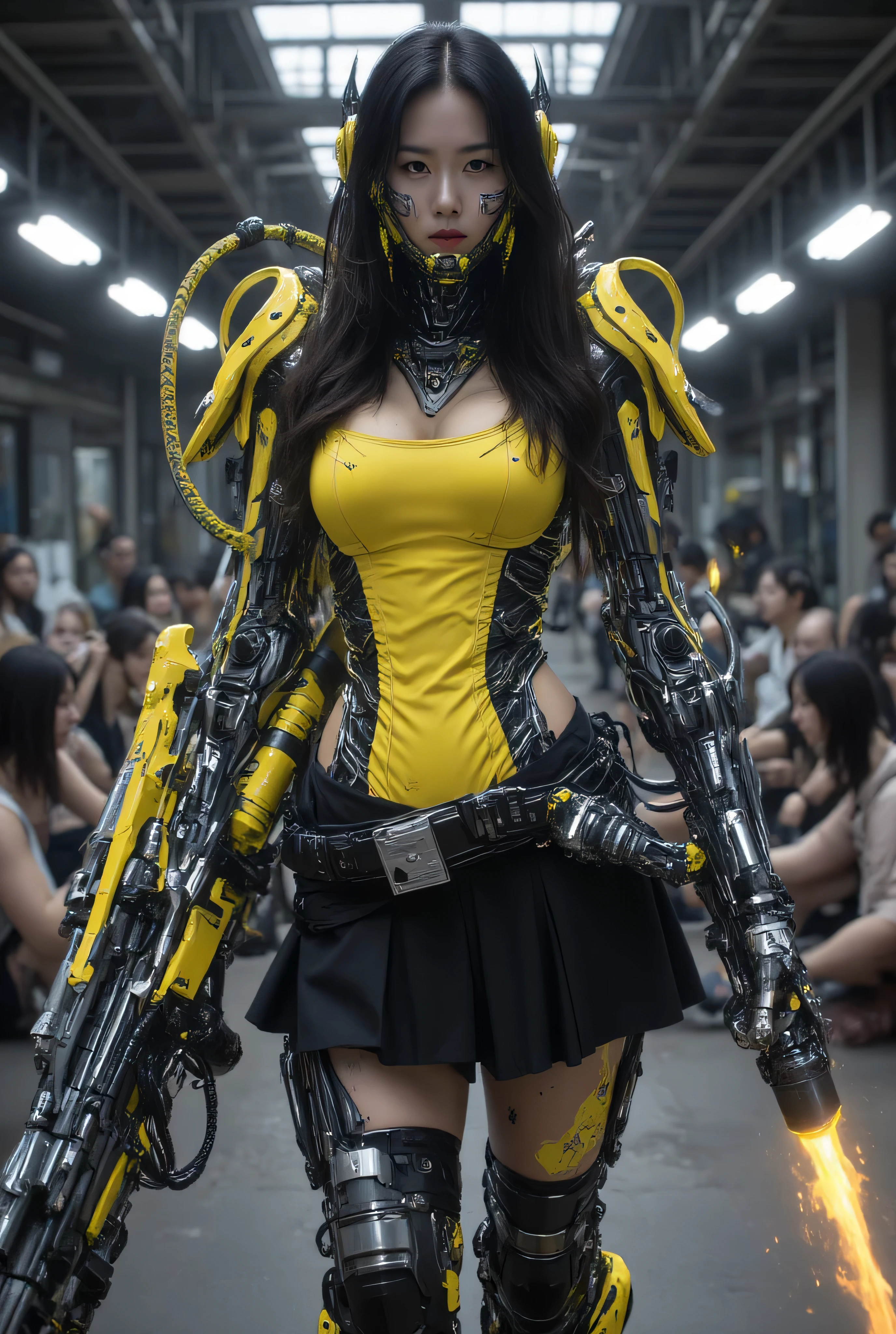 Full height and image size , A seductive strong Japanese cyborg woman , Black long hair, wearing a yellow corset and black skirt , bright yellow eyes , lots of steel cables and hoses , steel plates and an exoskeleton , instead of her hand a technical flamethrower with a yellow flame, stands in a factory among the assembled dead bodies of people .