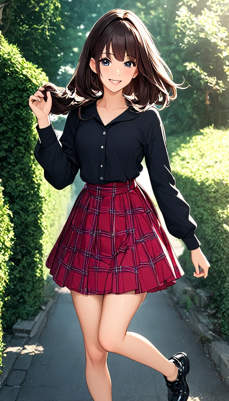 An anime girl with red hair and blue eyes wearing a skirt and an open shirt revealing a black and red bra